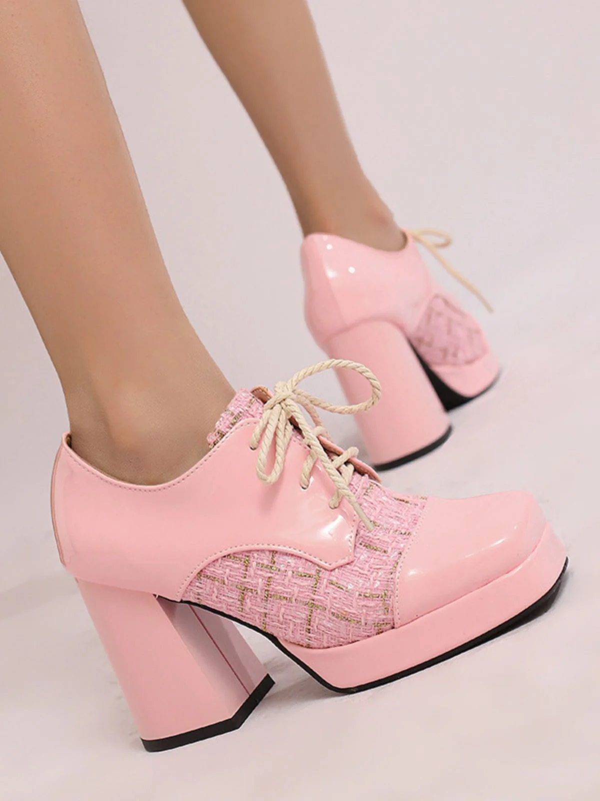 Mary Jane Plaid Square Toe Block Heel Shoes - Image 3