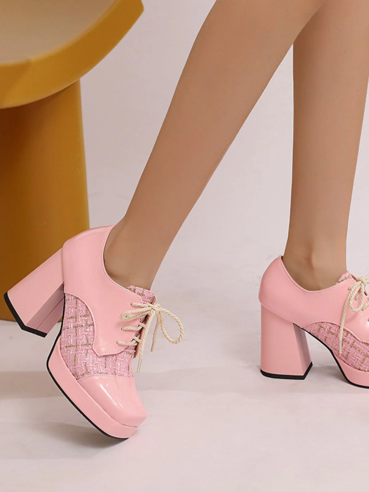 Mary Jane Plaid Square Toe Block Heel Shoes - Image 4