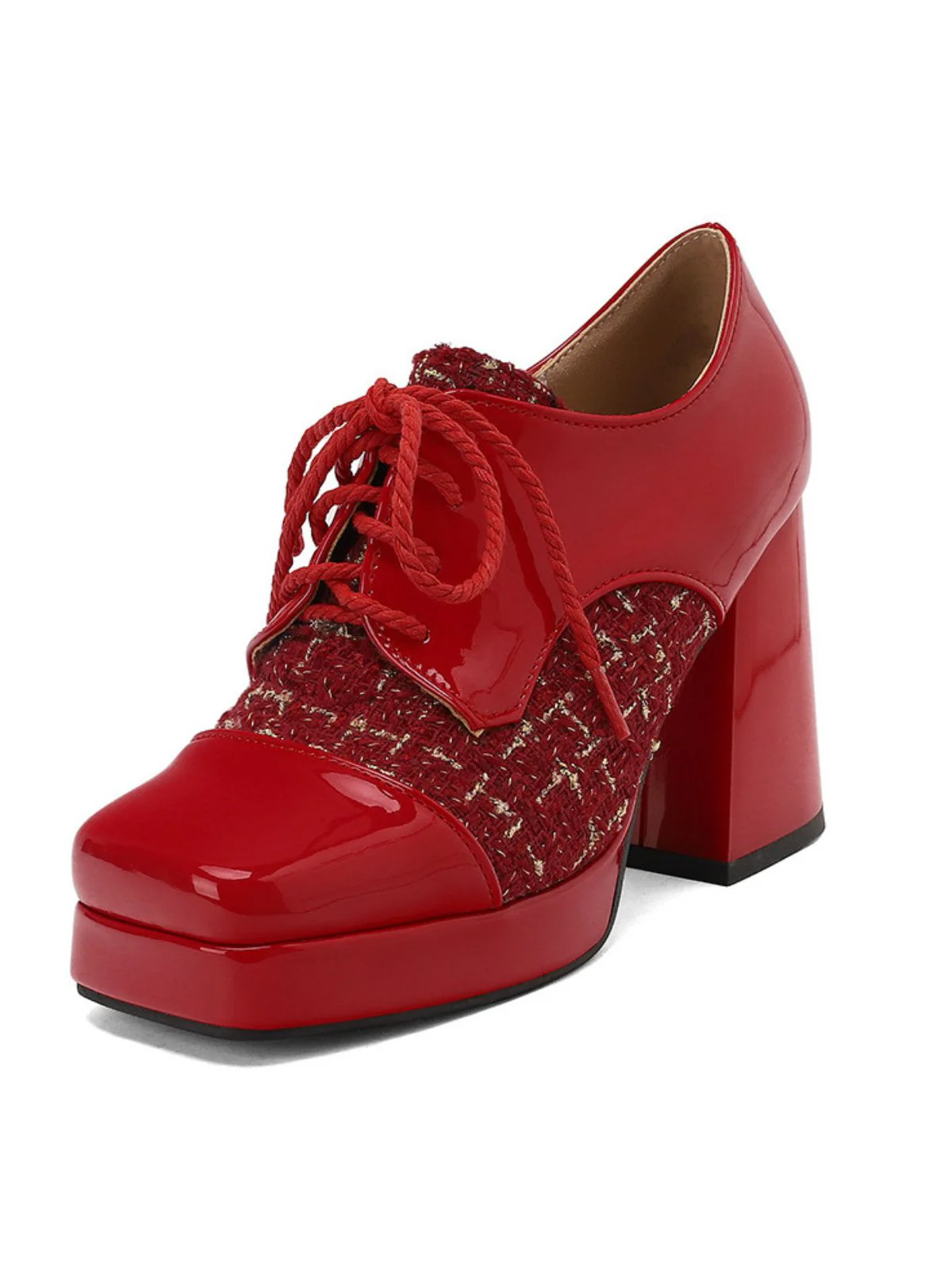 Mary Jane Plaid Square Toe Block Heel Shoes - Image 5
