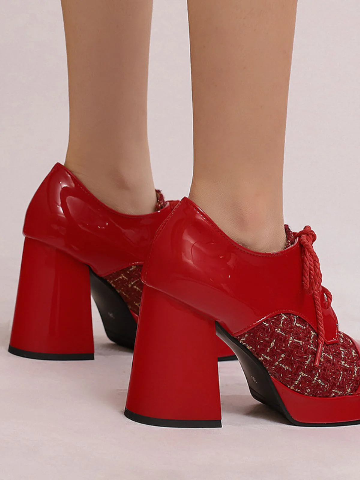Mary Jane Plaid Square Toe Block Heel Shoes - Image 7