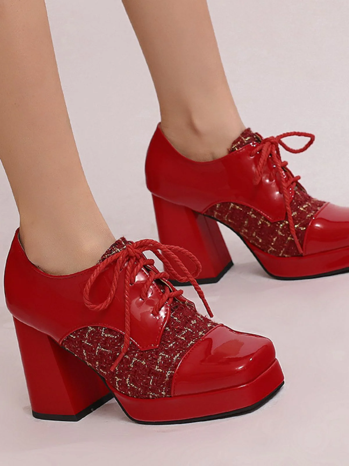 Mary Jane Plaid Square Toe Block Heel Shoes - Image 8