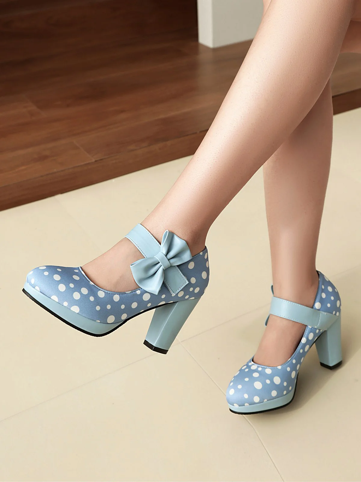 Mary Jane Polka Dots Bowknot Chunky Heels - Image 15