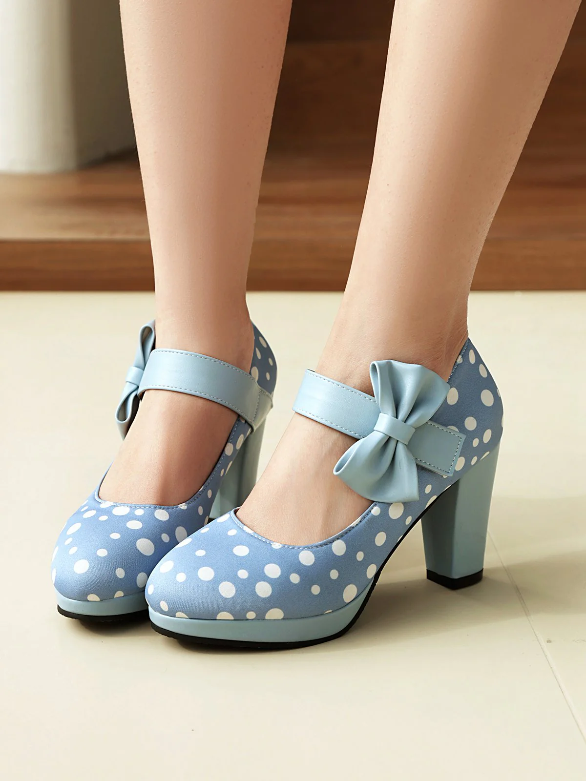 Mary Jane Polka Dots Bowknot Chunky Heels - Image 16