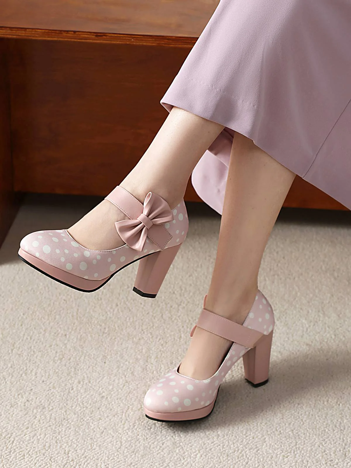 Mary Jane Polka Dots Bowknot Chunky Heels - Image 18
