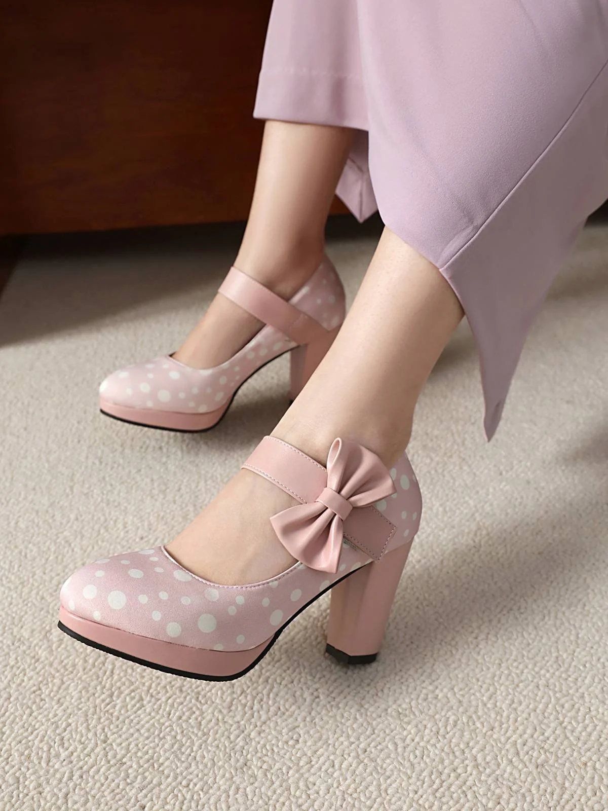 Mary Jane Polka Dots Bowknot Chunky Heels - Image 19