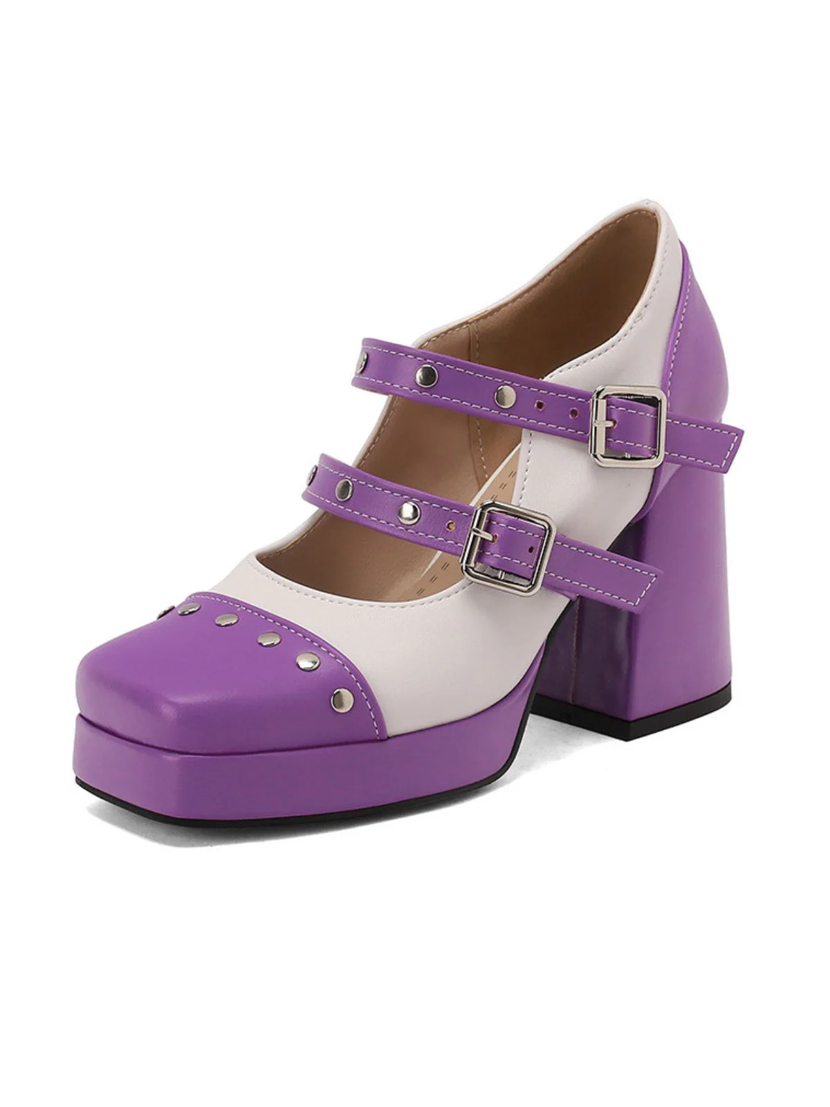 Mary Jane Studded Square Toe Block Heel Shoes - Image 16