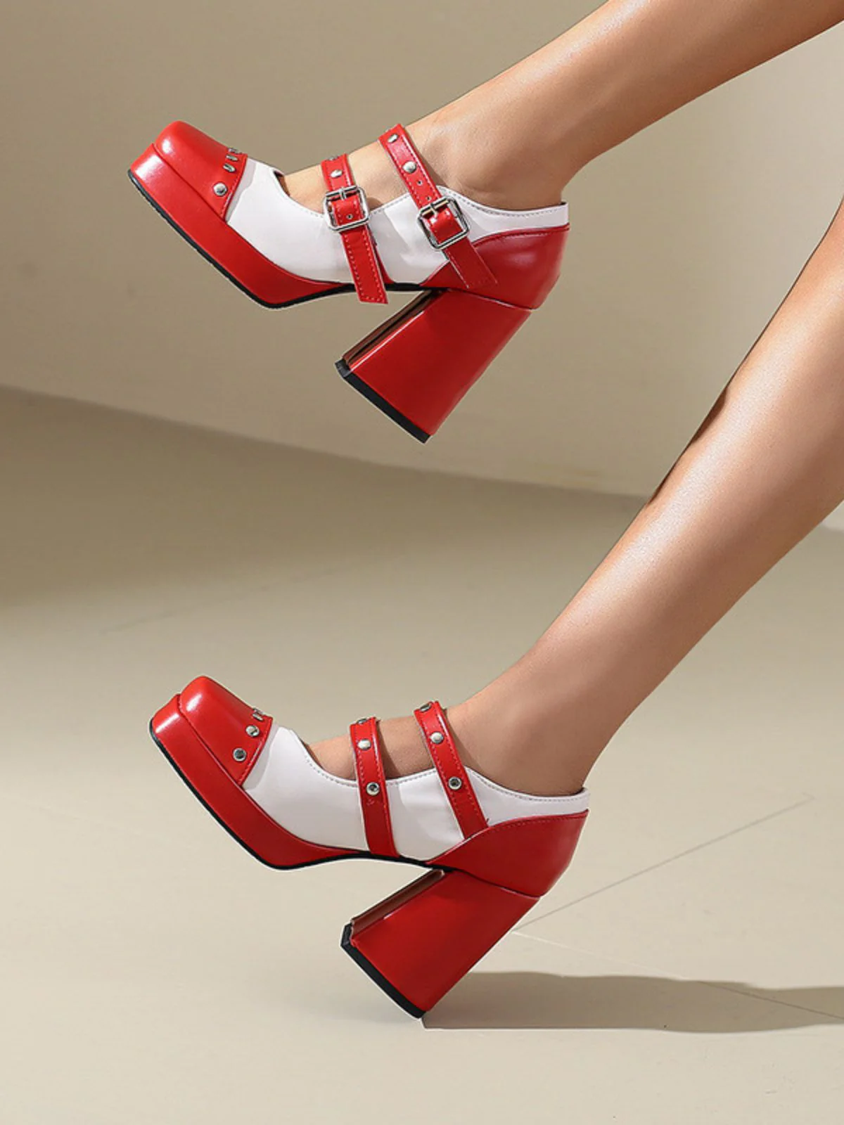 Mary Jane Studded Square Toe Block Heel Shoes - Image 5