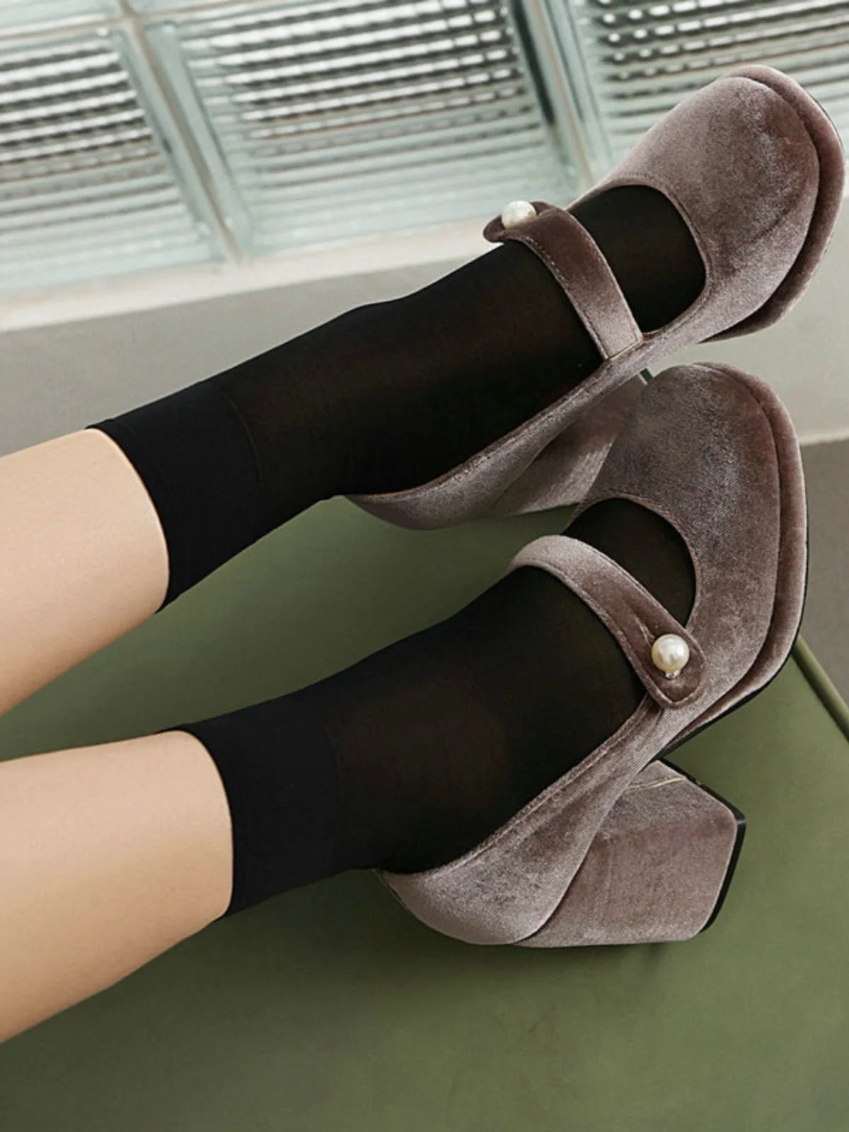 Mary Jane Velvet Pearl Button Chunky Heel Shoes - Image 11