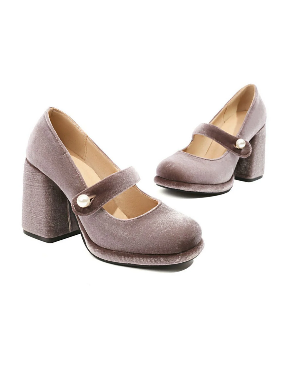 Mary Jane Velvet Pearl Button Chunky Heel Shoes - Image 12