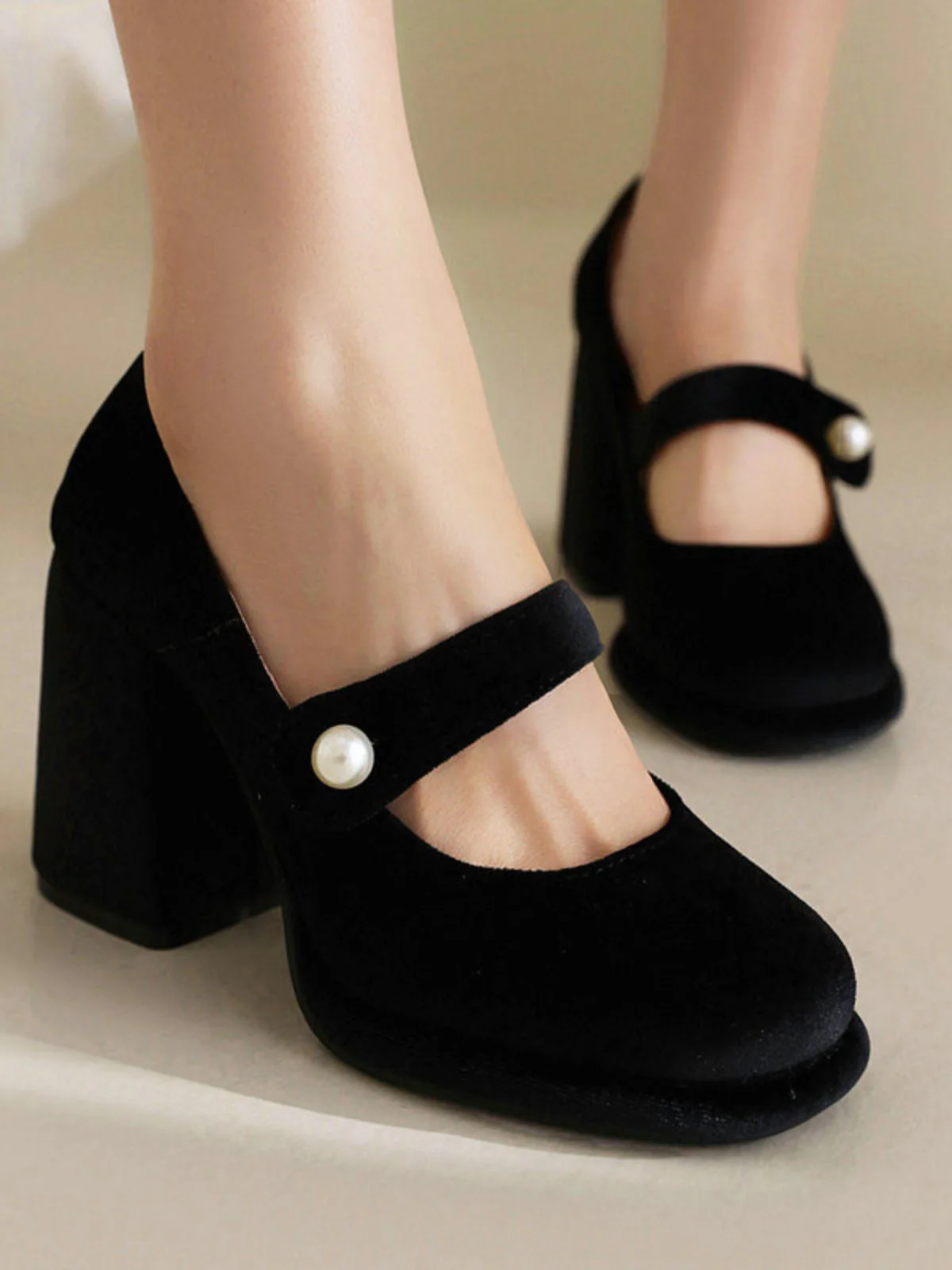 Mary Jane Velvet Pearl Button Chunky Heel Shoes - Image 2