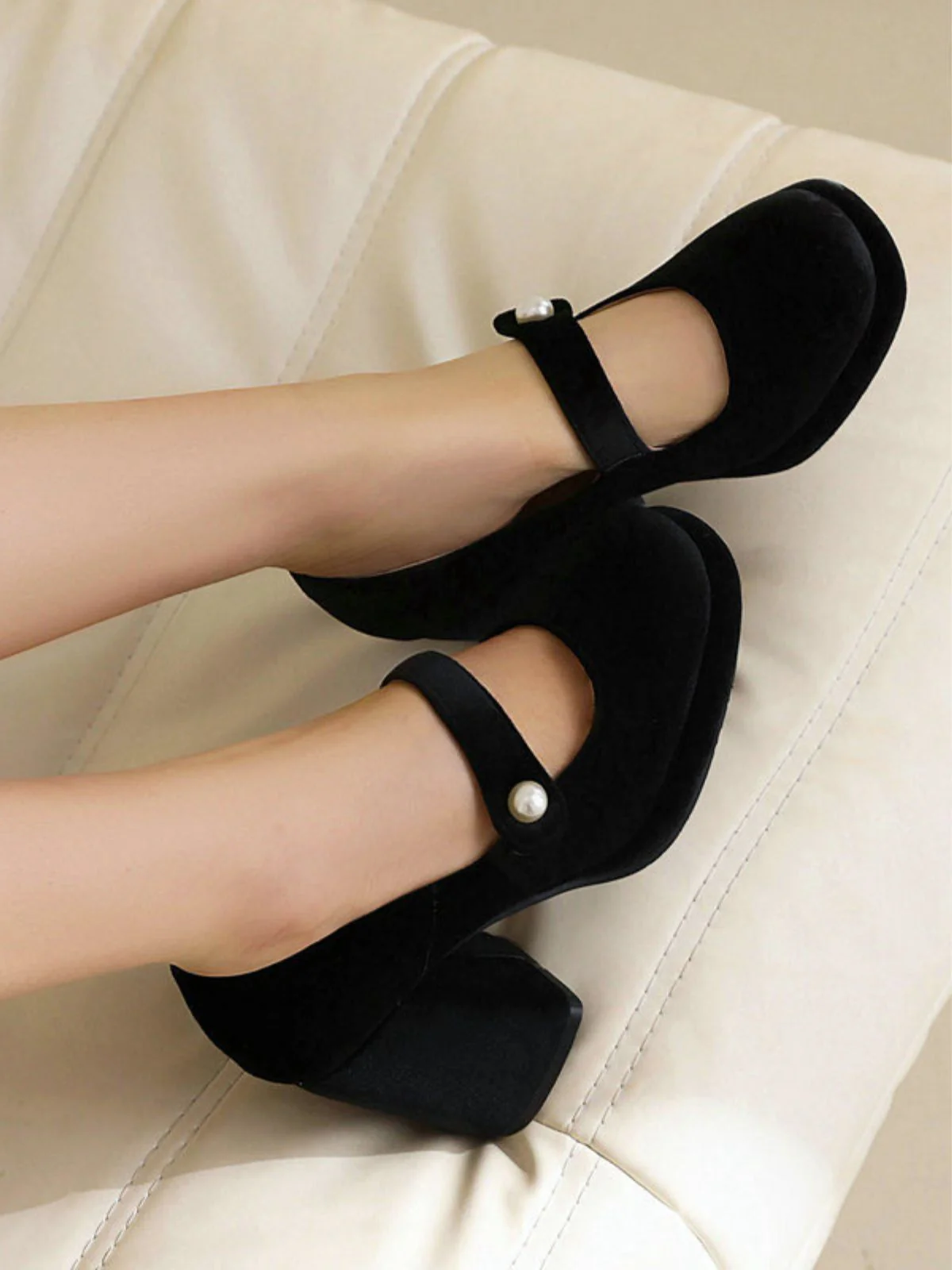 Mary Jane Velvet Pearl Button Chunky Heel Shoes - Image 3