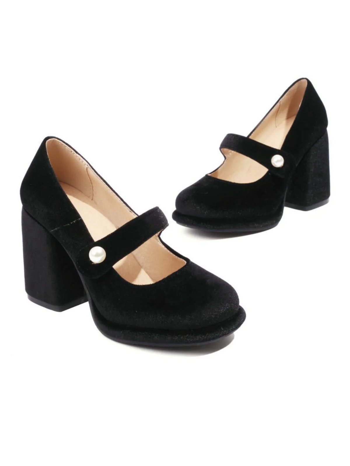 Mary Jane Velvet Pearl Button Chunky Heel Shoes - Image 4
