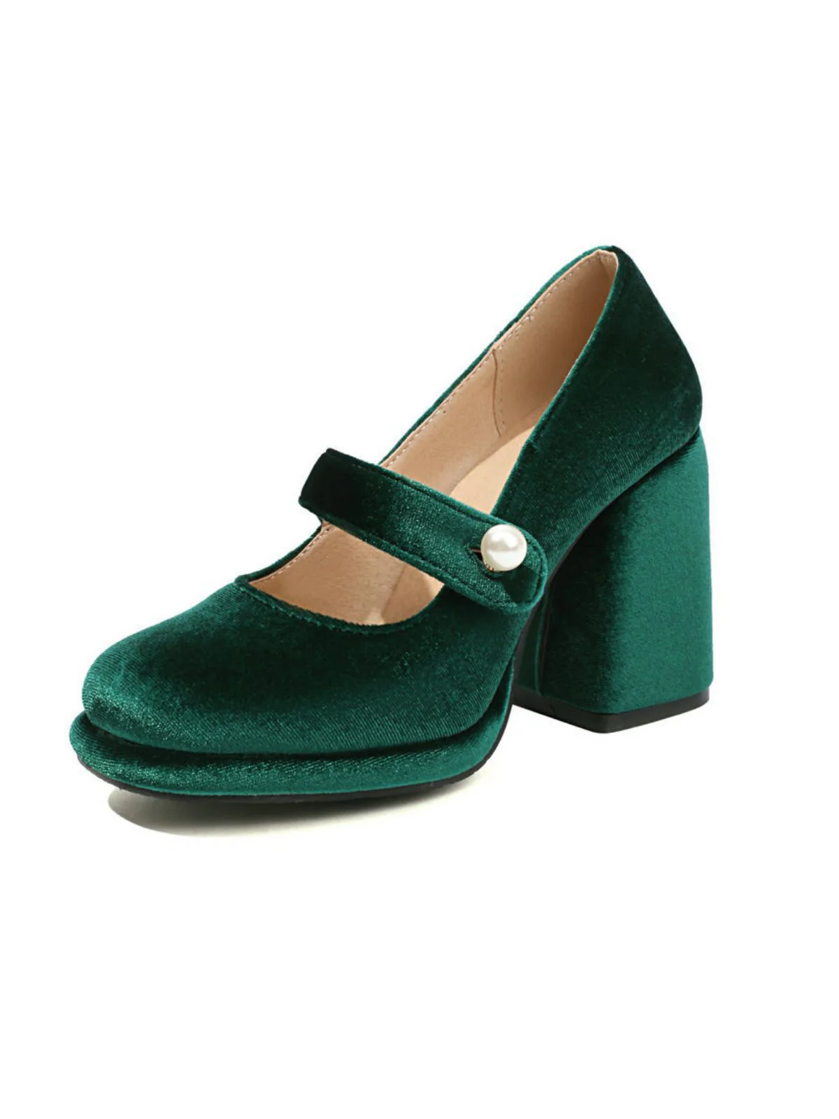 Mary Jane Velvet Pearl Button Chunky Heel Shoes - Image 5