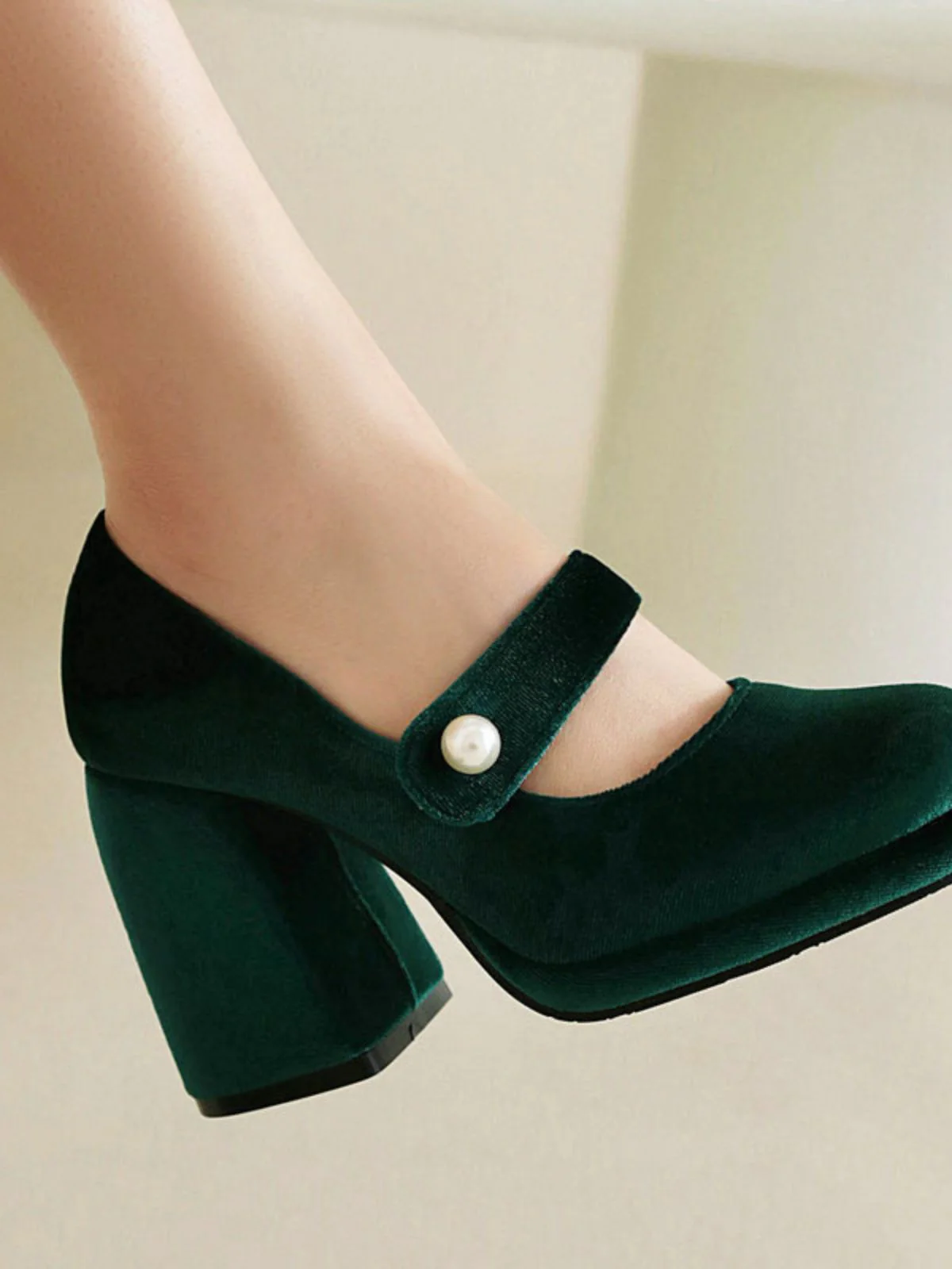 Mary Jane Velvet Pearl Button Chunky Heel Shoes - Image 6