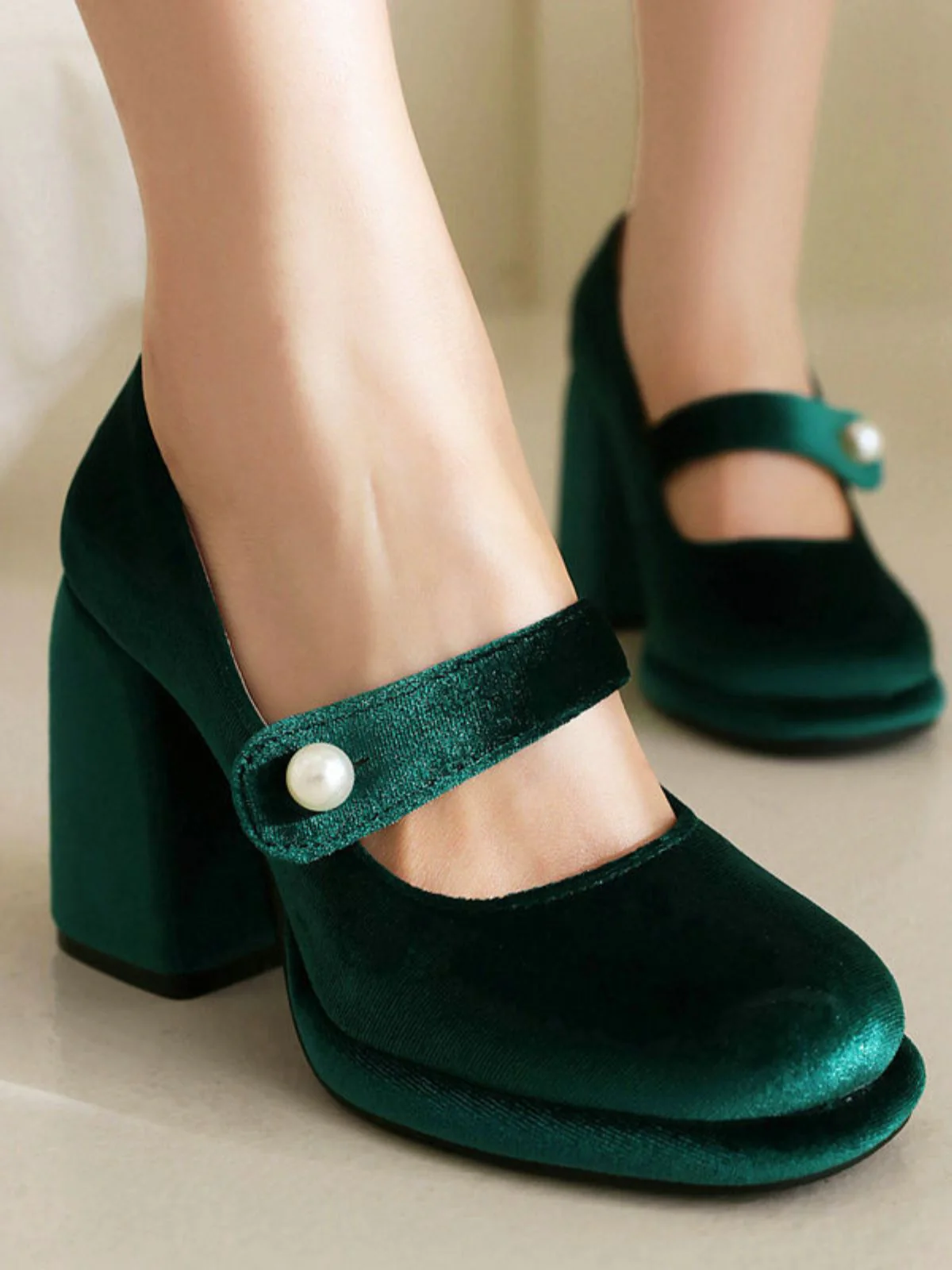 Mary Jane Velvet Pearl Button Chunky Heel Shoes - Image 7