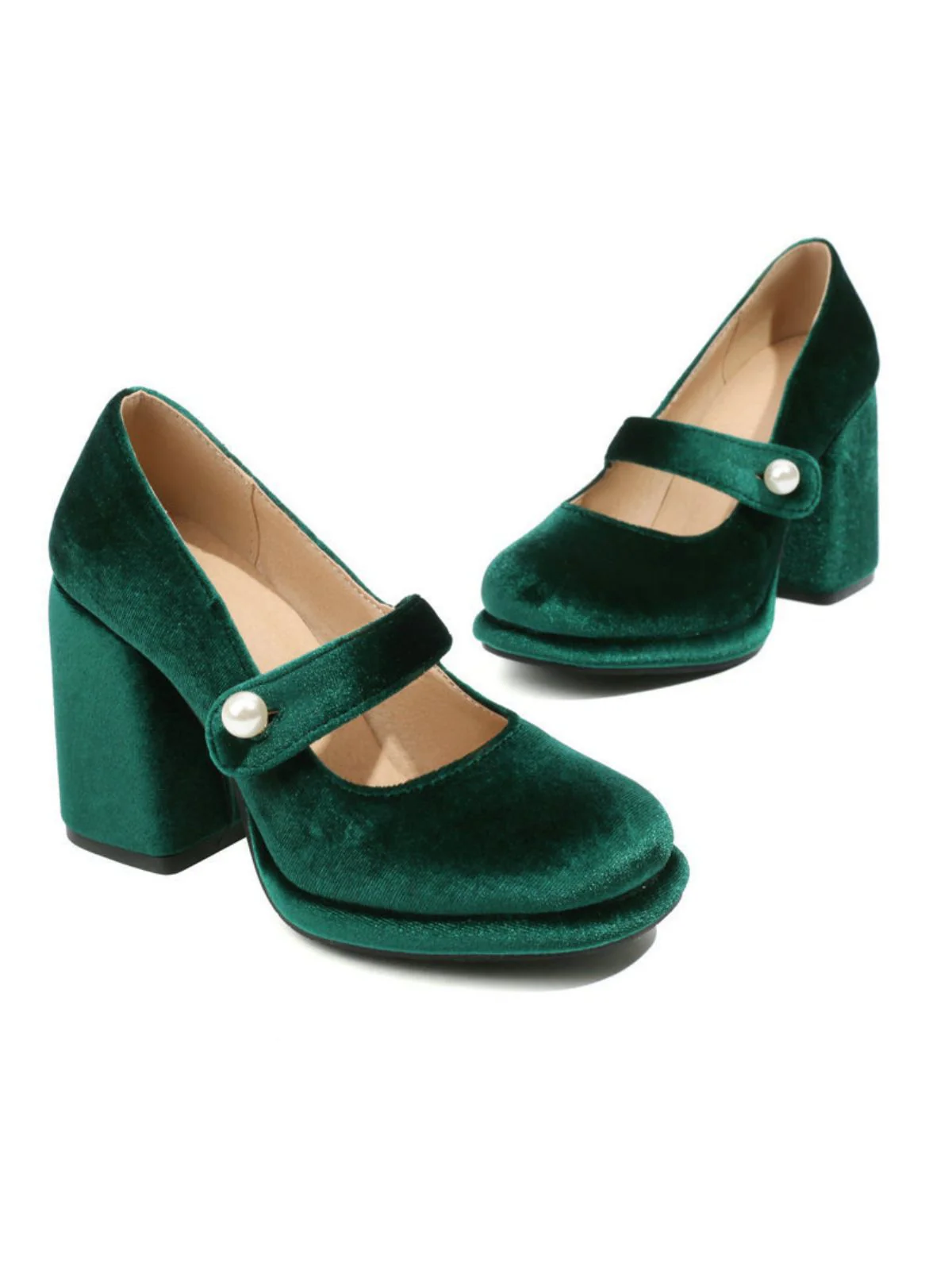 Mary Jane Velvet Pearl Button Chunky Heel Shoes - Image 8