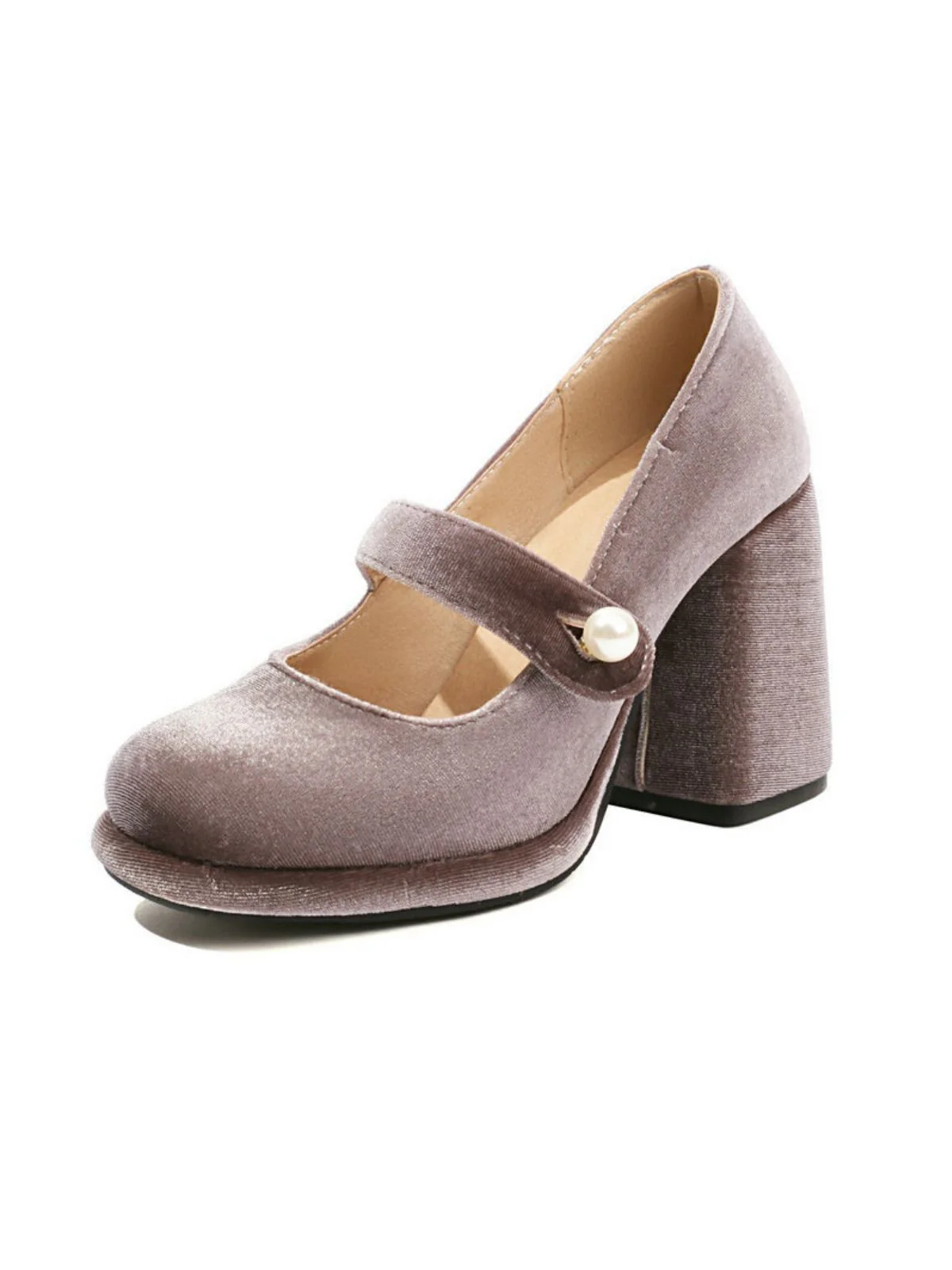 Mary Jane Velvet Pearl Button Chunky Heel Shoes - Image 9
