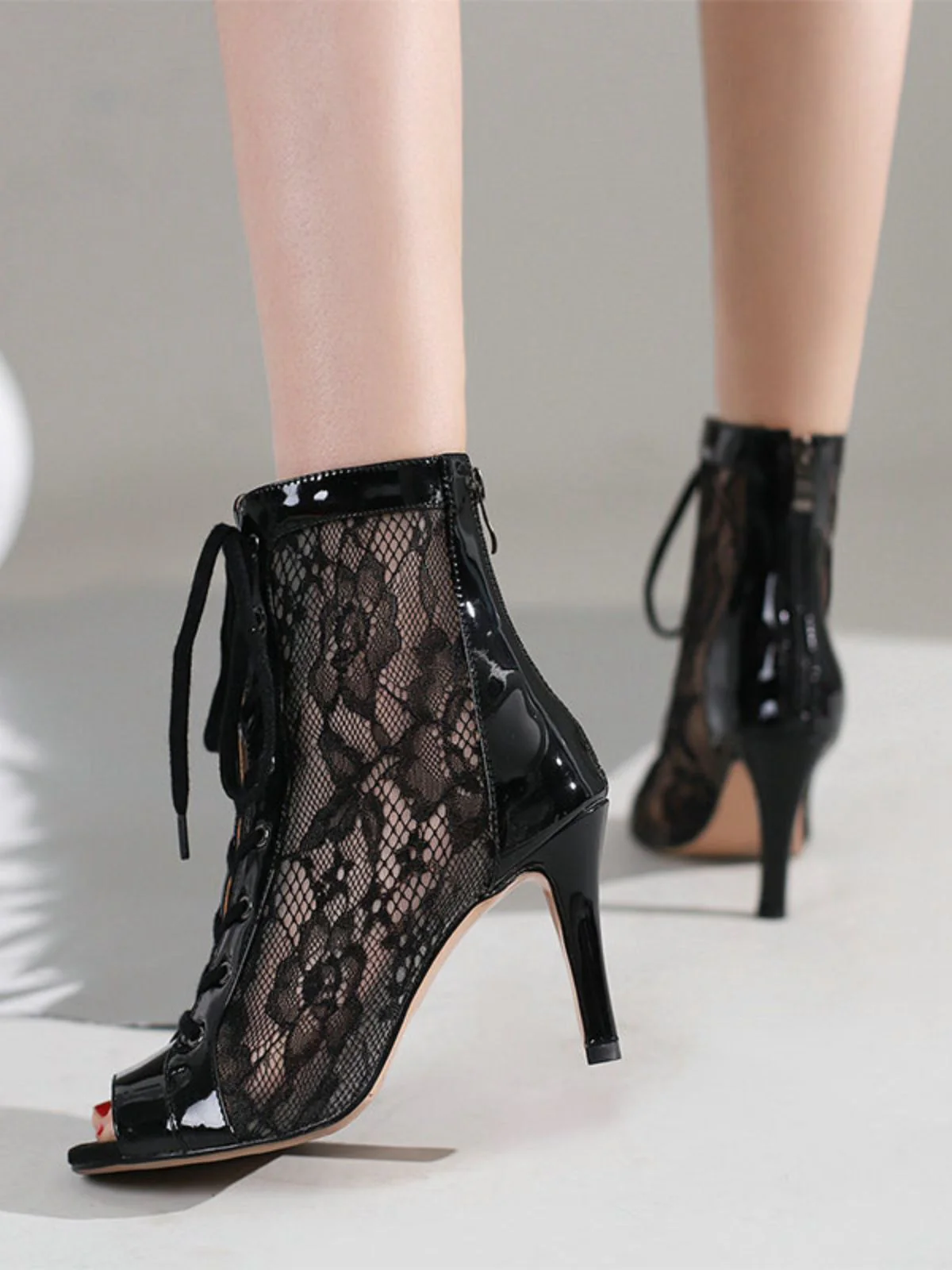 Mesh Patchwork Peep Toe High Heel Sandals - Image 11