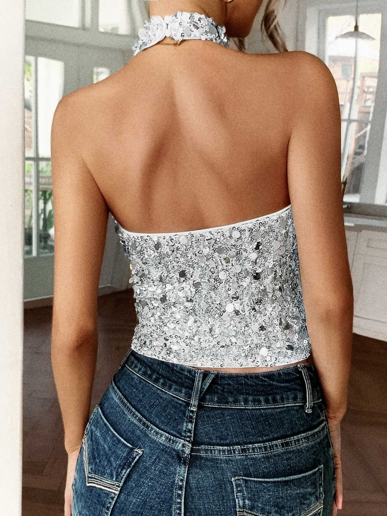 Metallic 1970s Halter Sequin Sleeveless Top - Image 10