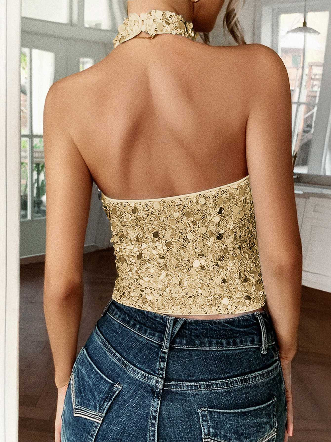 Metallic 1970s Halter Sequin Sleeveless Top - Image 3