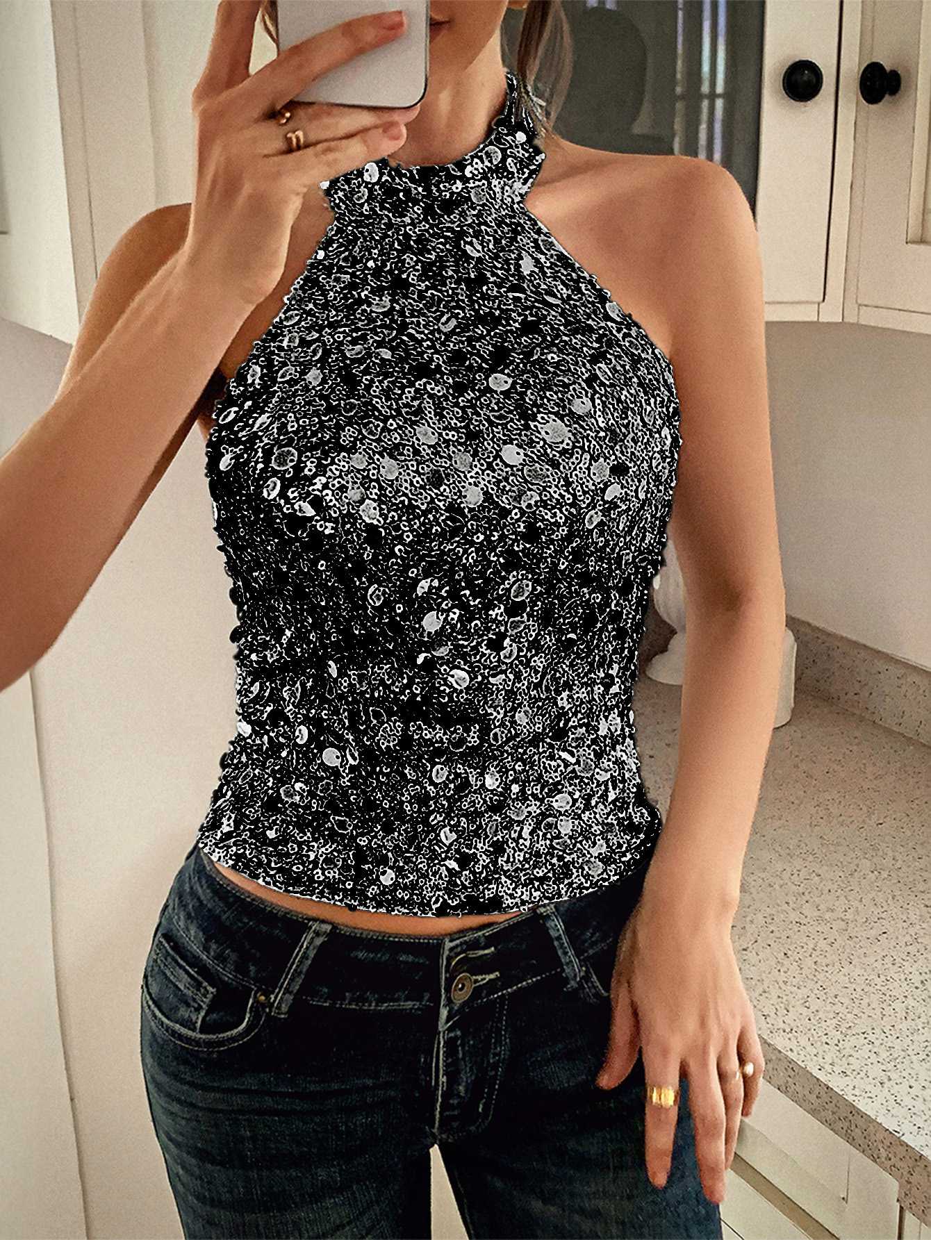 Metallic 1970s Halter Sequin Sleeveless Top - Image 6