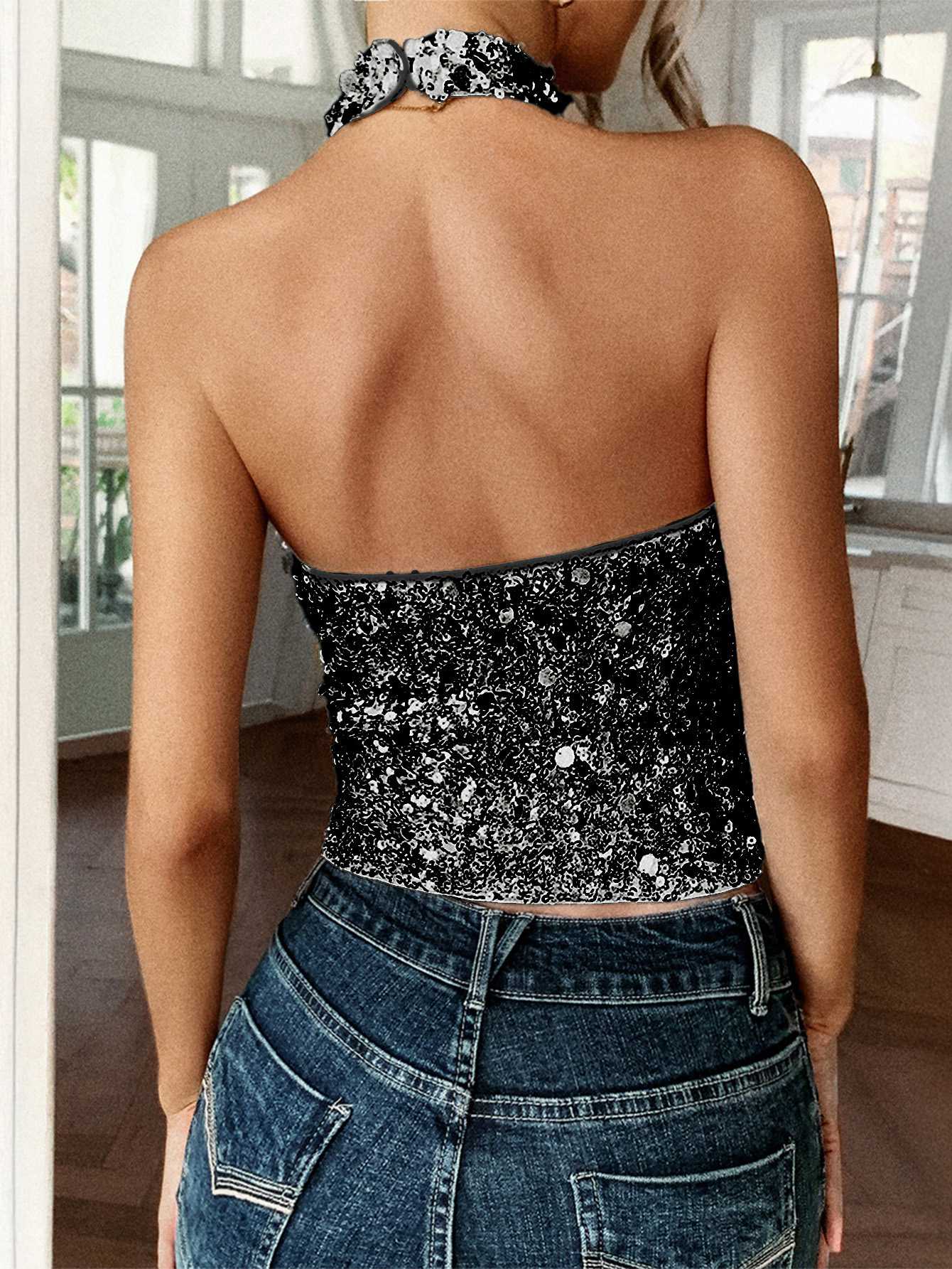 Metallic 1970s Halter Sequin Sleeveless Top - Image 7