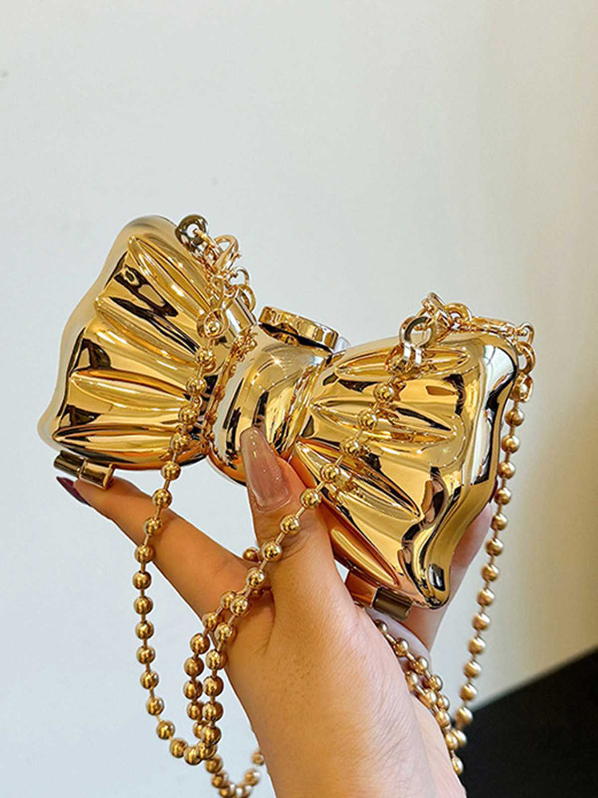 Metallic Bow Beaded Chain Bag - Image 3