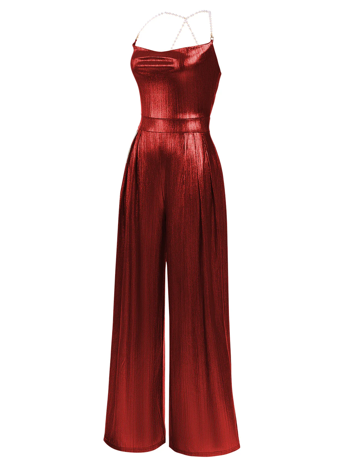 Metallic Red 1980s Cowl Neck Spaghetti Strap Jumpsuit - Image 3