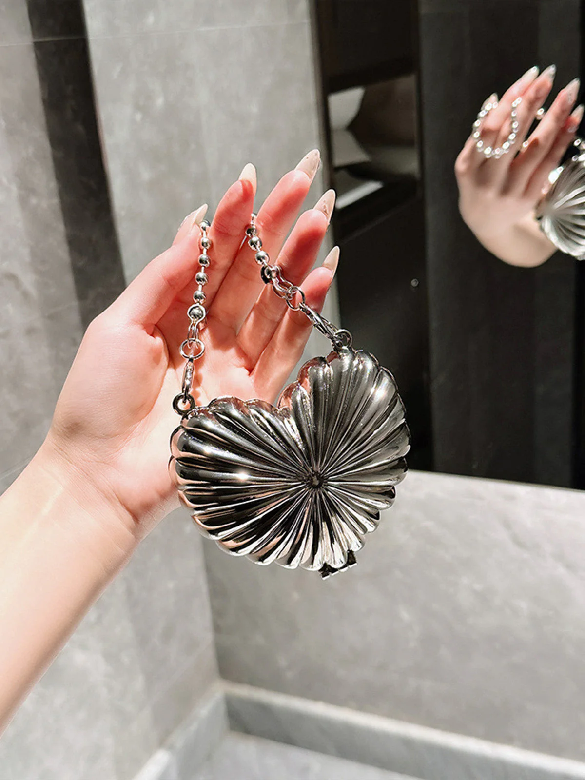 Metallic Ribbed Heart-Shaped Hard Shell Mini Bag - Image 5