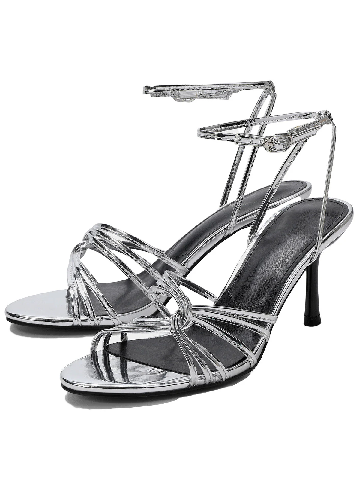 Metallic Silver Strappy Stiletto Sandals - Image 2