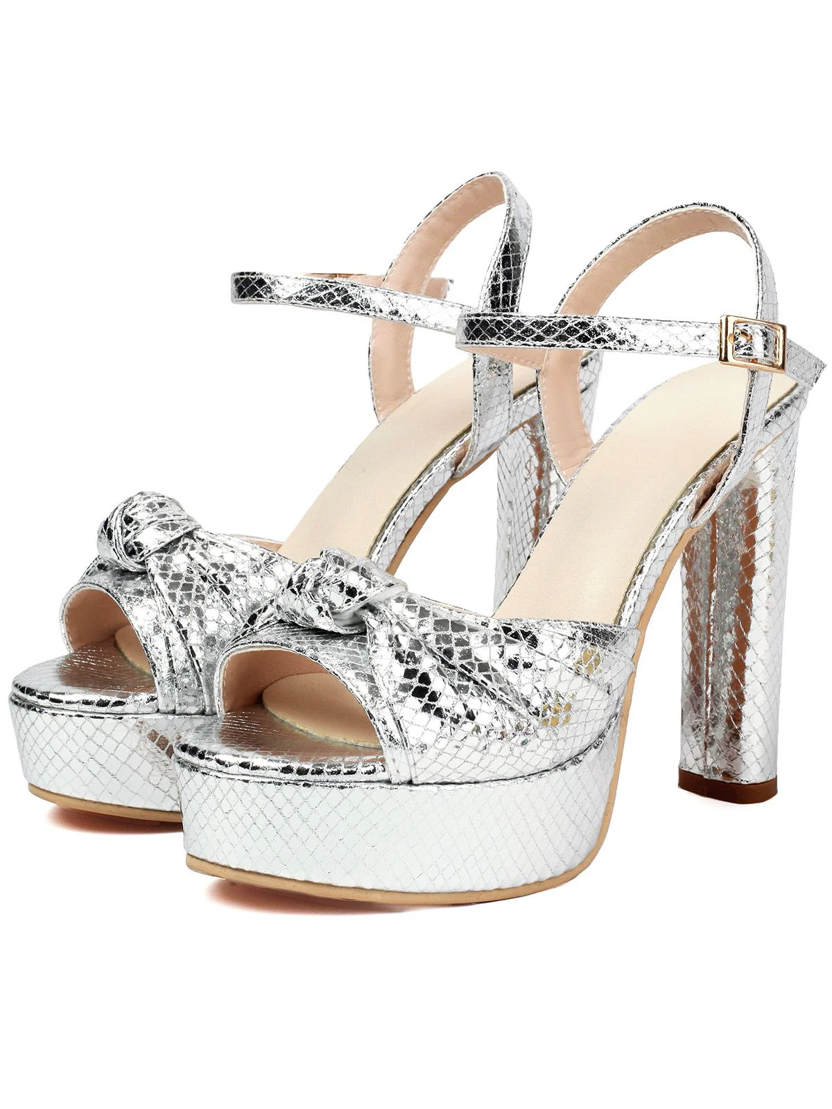 Metallic Snake Print Chunky High Heel Sandals - Image 18