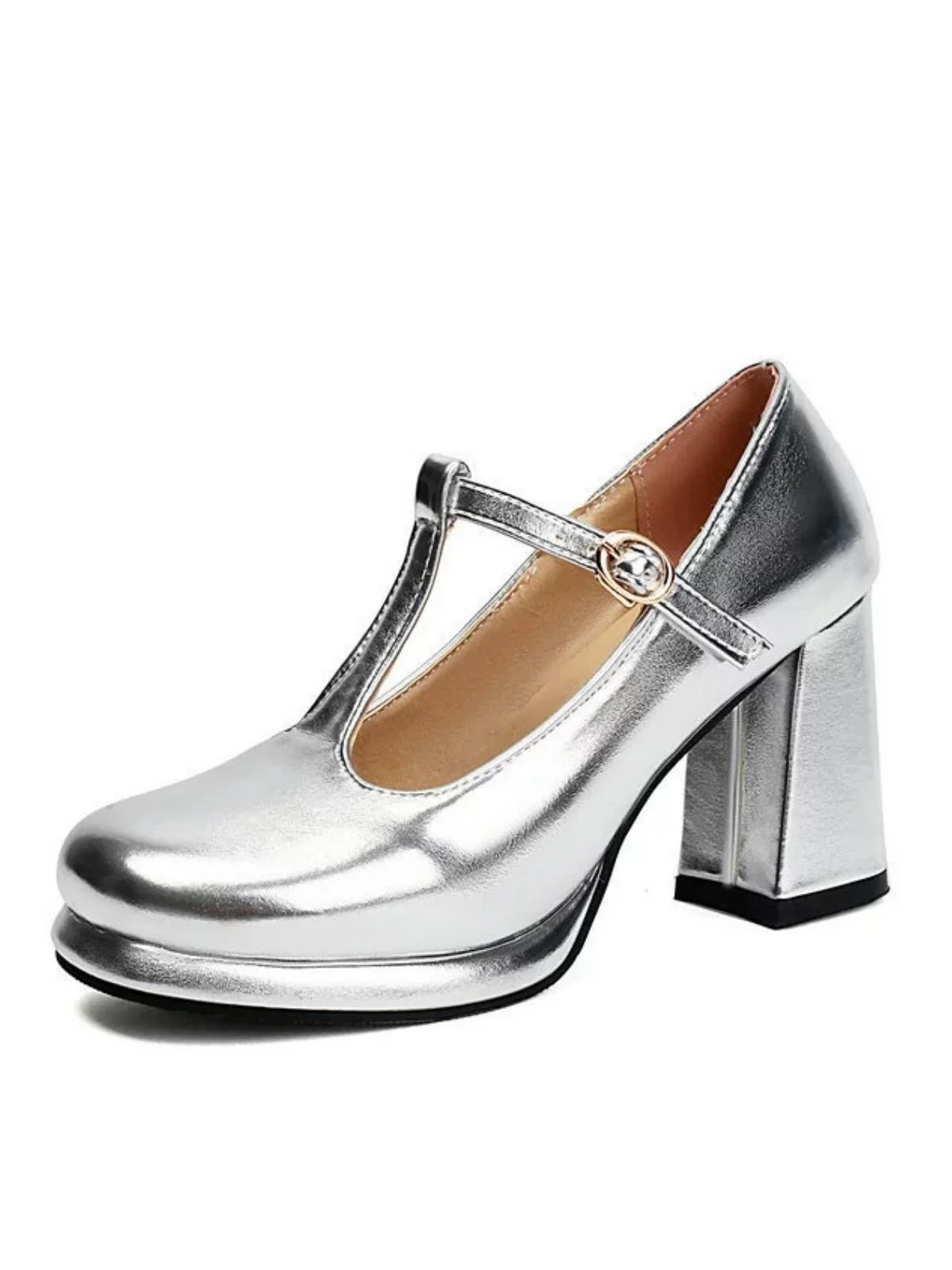 Metallic Square Toe Block Buckle Heels - Image 2