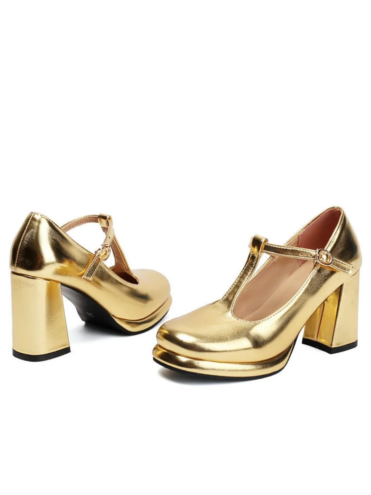 Metallic Square Toe Block Buckle Heels - Image 3