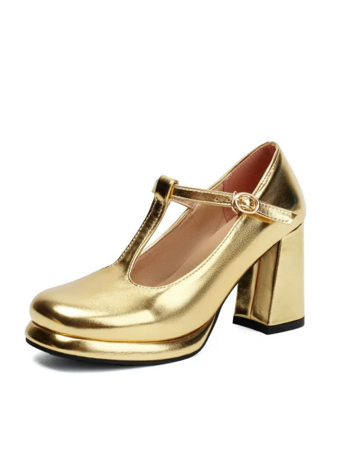 Metallic Square Toe Block Buckle Heels - Image 4