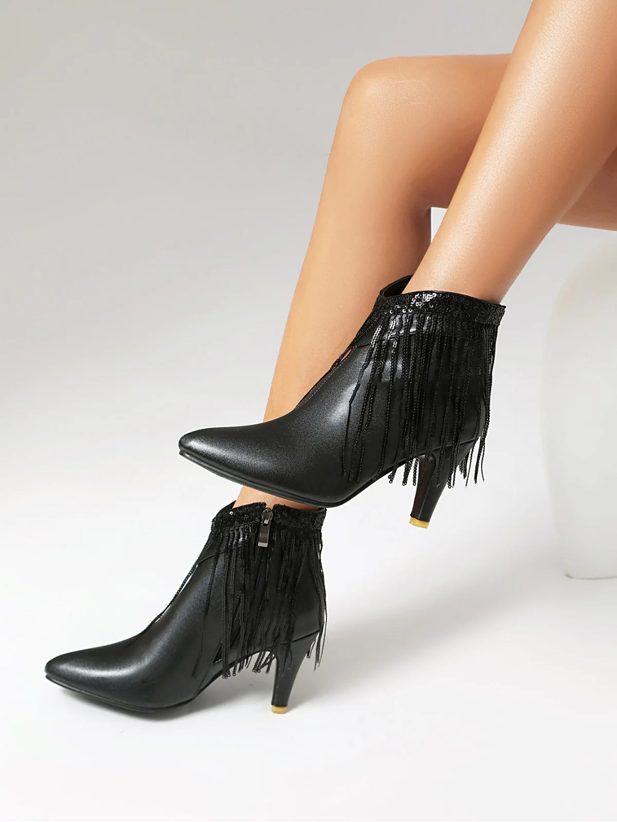 Metallic Tassel Pointed Toe Stiletto Chelsea Boots - Image 13