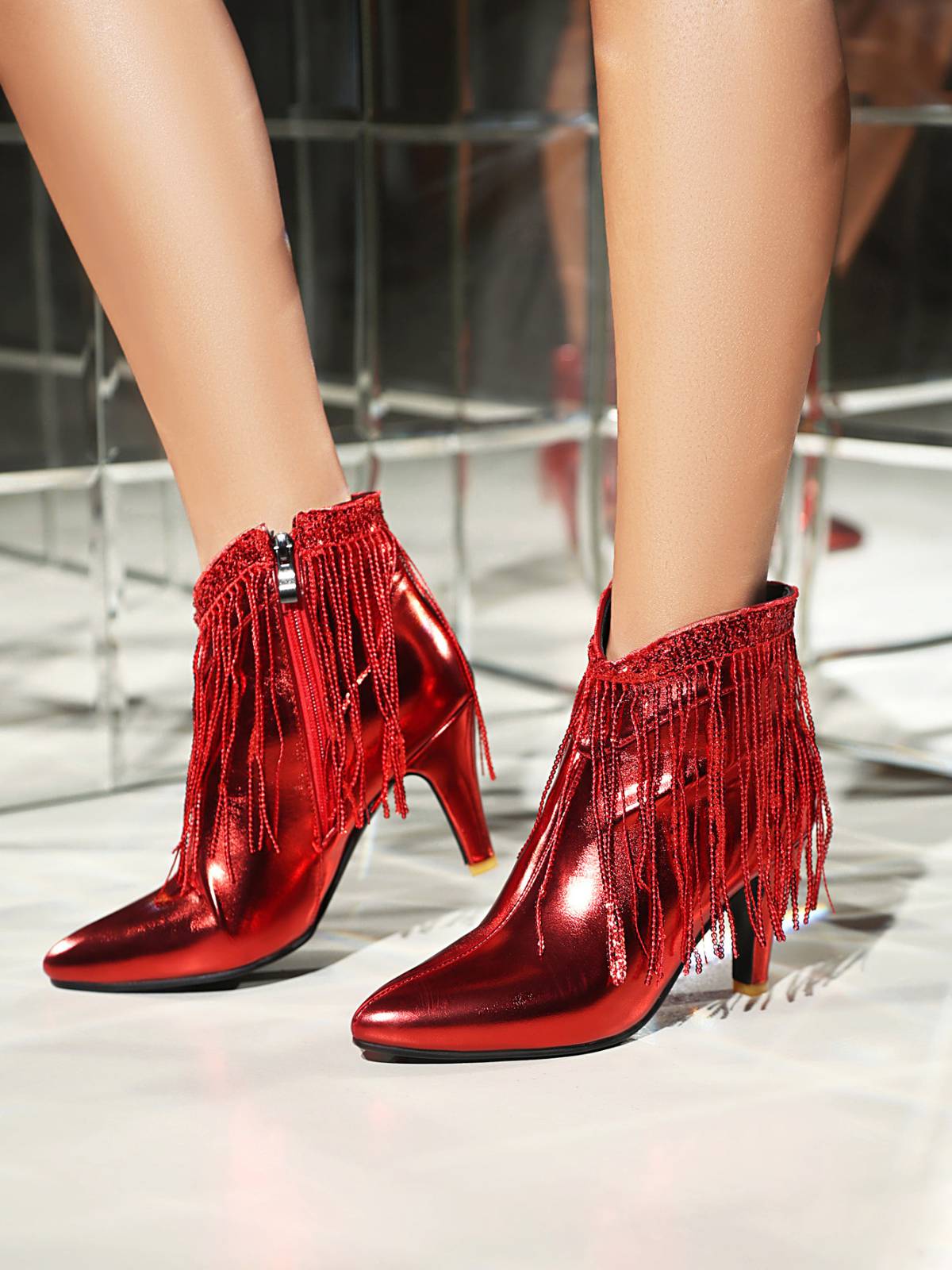 Metallic Tassel Pointed Toe Stiletto Chelsea Boots - Image 21
