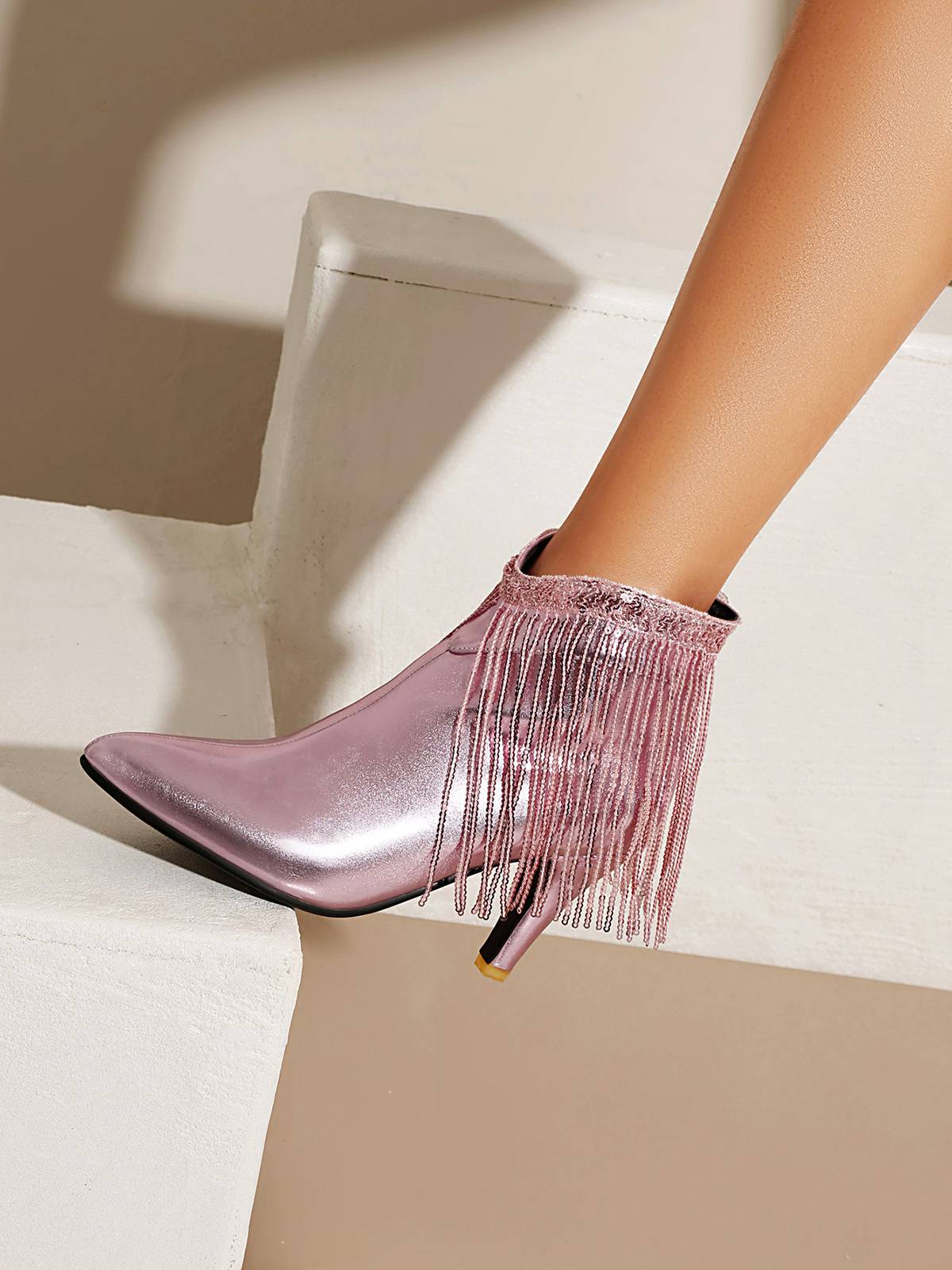 Metallic Tassel Pointed Toe Stiletto Chelsea Boots - Image 33