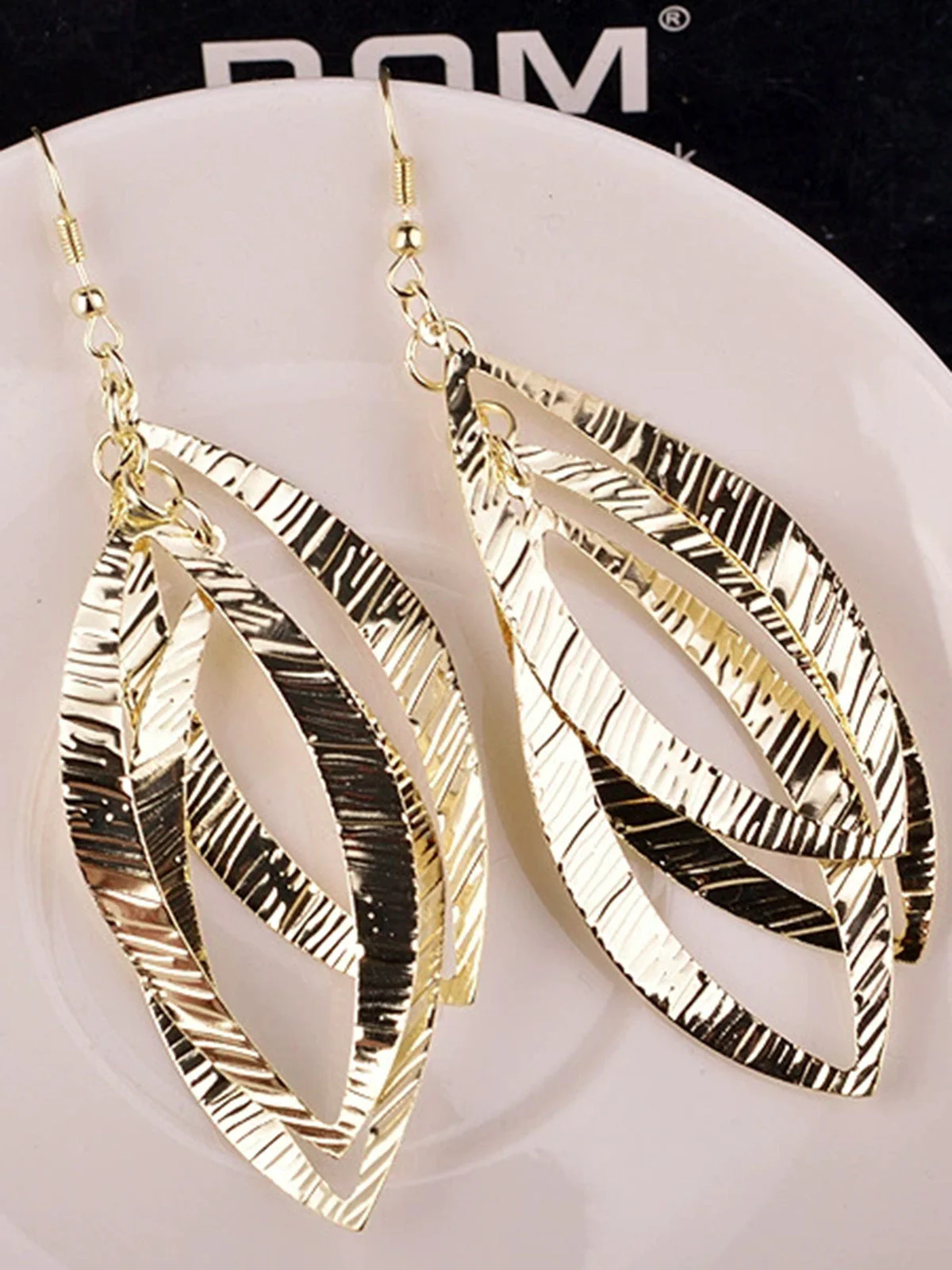 Metallic Textured Multi-Layer Leaf Dangle Earrings - Image 2