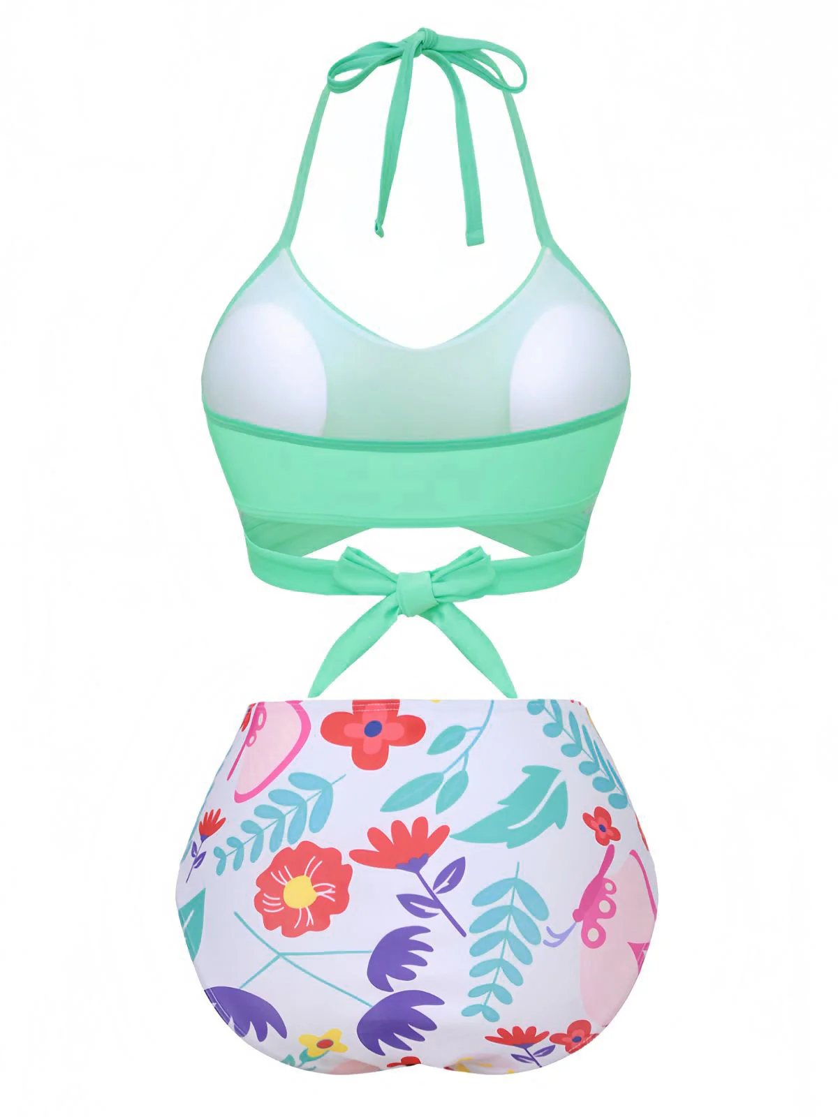 Mint Green 1940s Floral High-Waist Bikini Swimsuit - Image 3