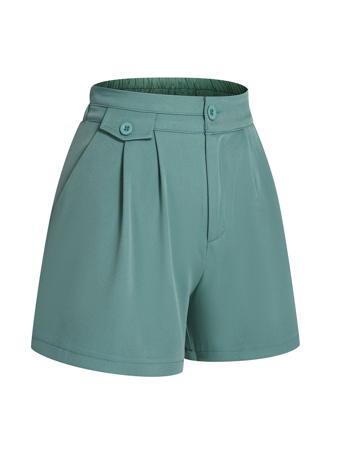 Mint Green 1950s Solid Pleating Decorative Pocket Shorts - Image 3