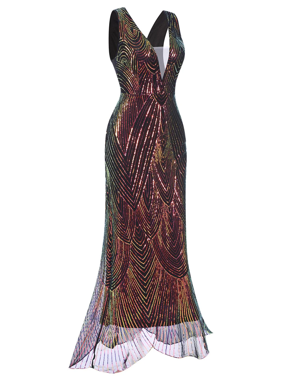 Multicolor 1920s V-Neck Sequined Fishtail Dress - Image 2