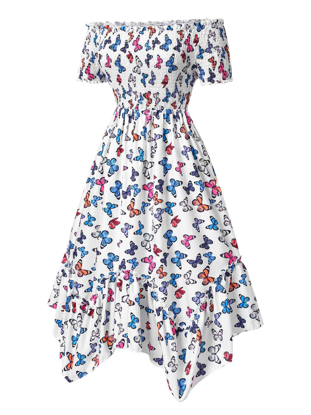 Multicolor 1930s Butterfly Print Off-Shoulder Irregular Dress - Image 2