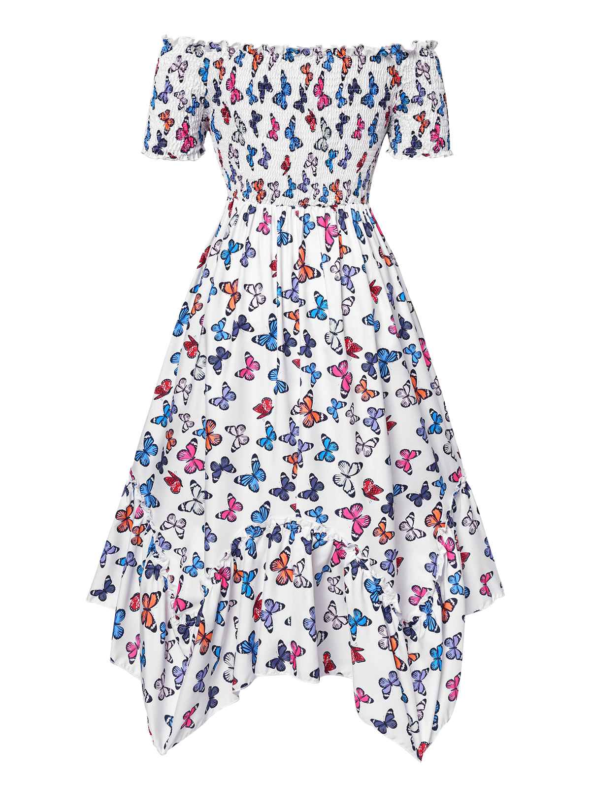 Multicolor 1930s Butterfly Print Off-Shoulder Irregular Dress - Image 3