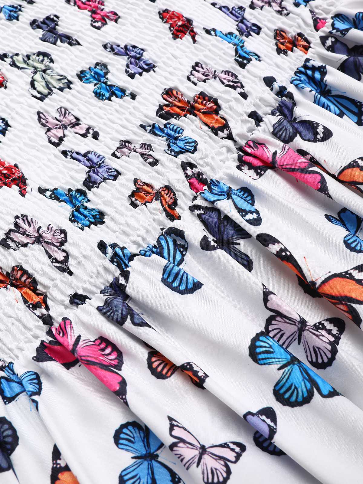 Multicolor 1930s Butterfly Print Off-Shoulder Irregular Dress - Image 4