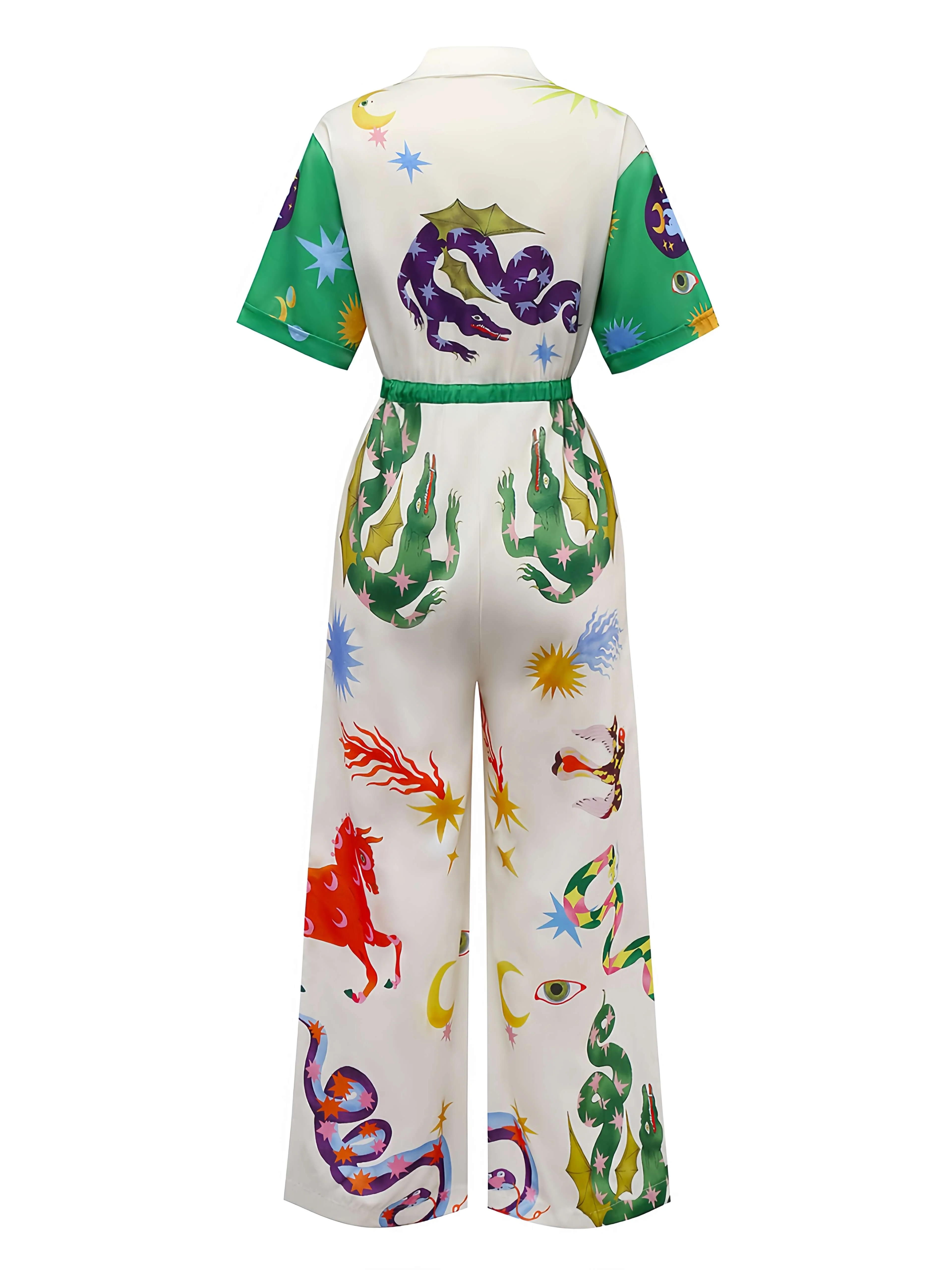 Multicolor 1930s Cartoon Animals Shirt Collar Jumpsuit - Image 2