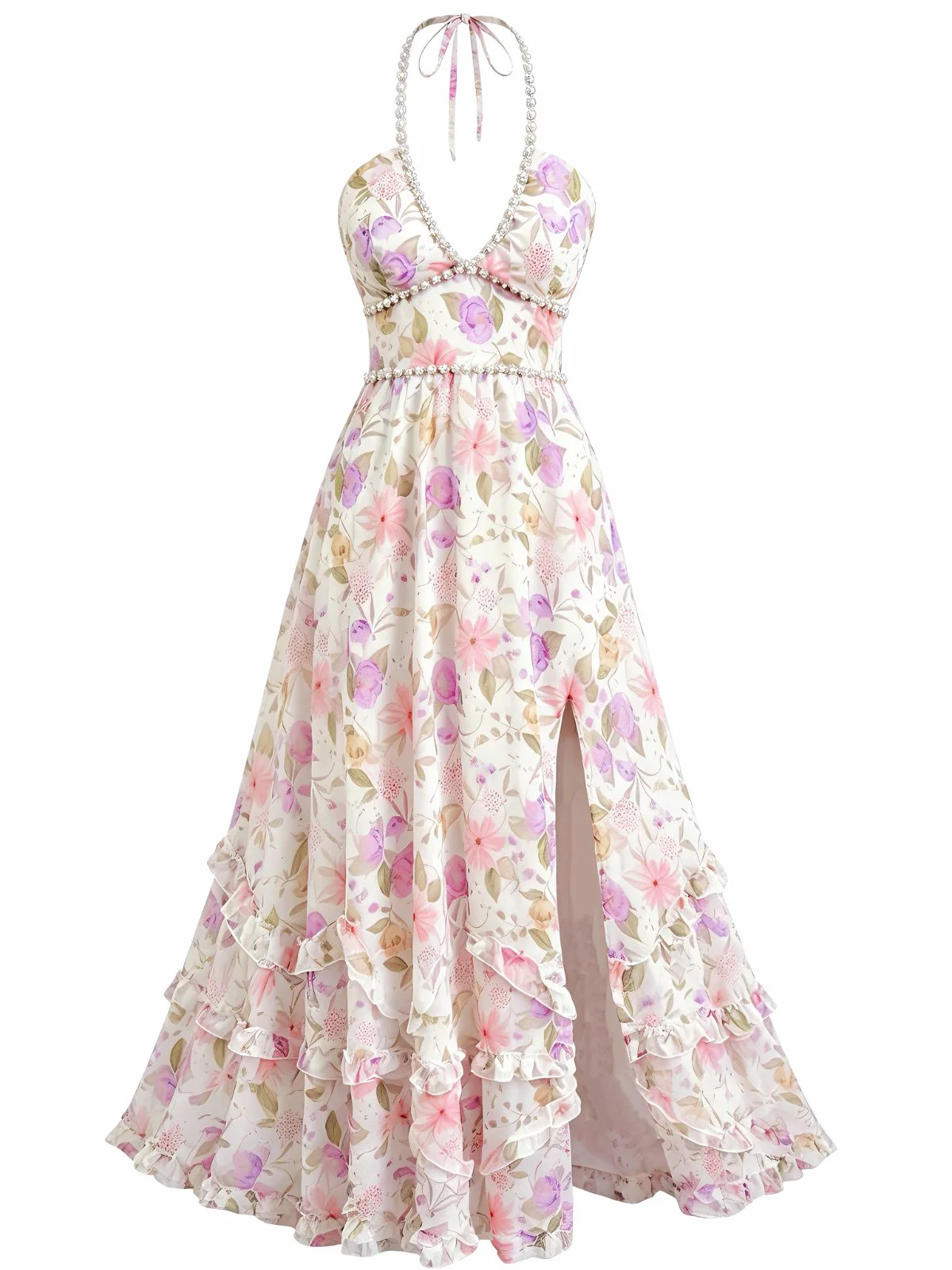 Multicolor 1930s Floral Halter Maxi Dress - Image 2