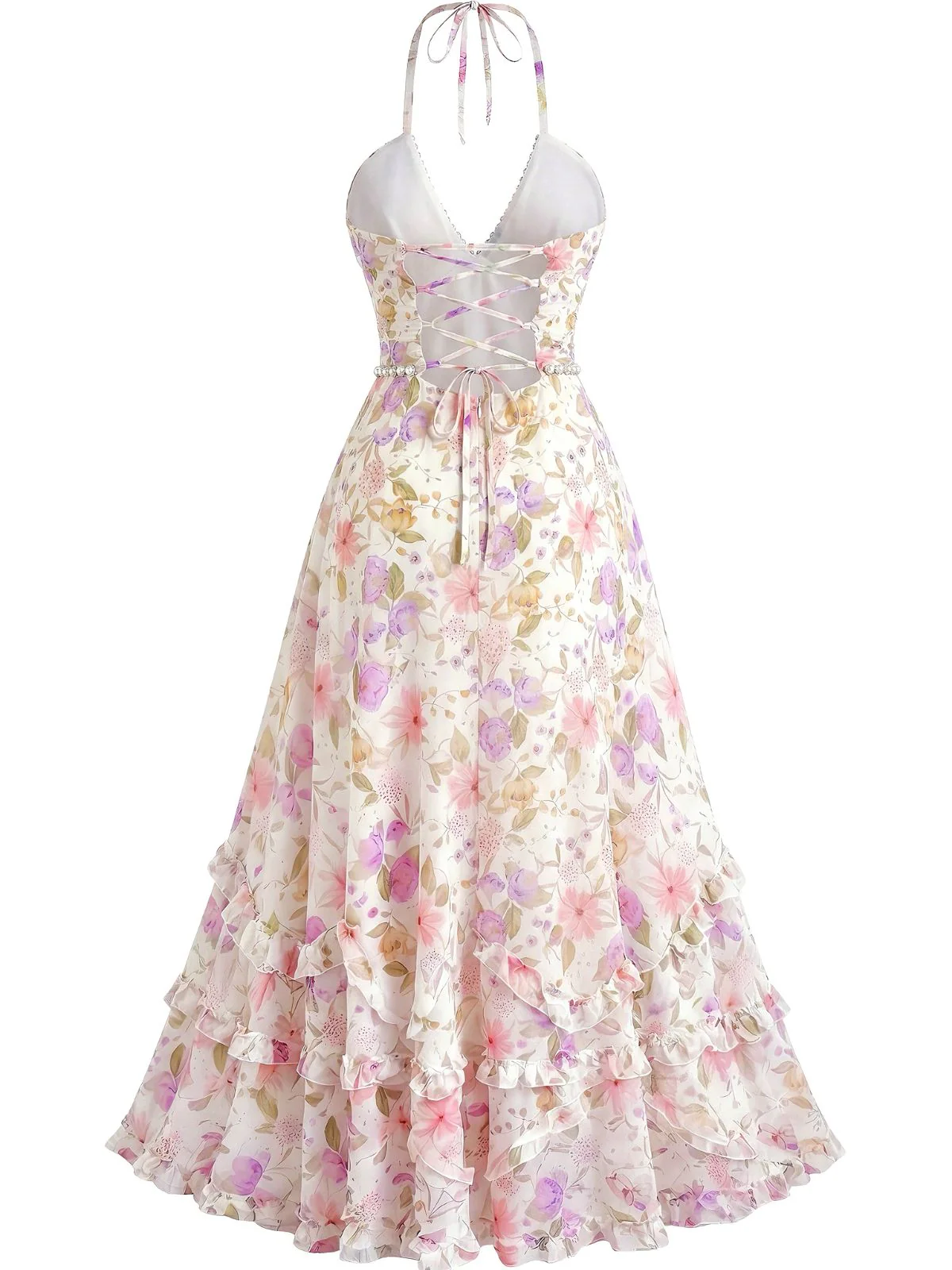 Multicolor 1930s Floral Halter Maxi Dress - Image 3