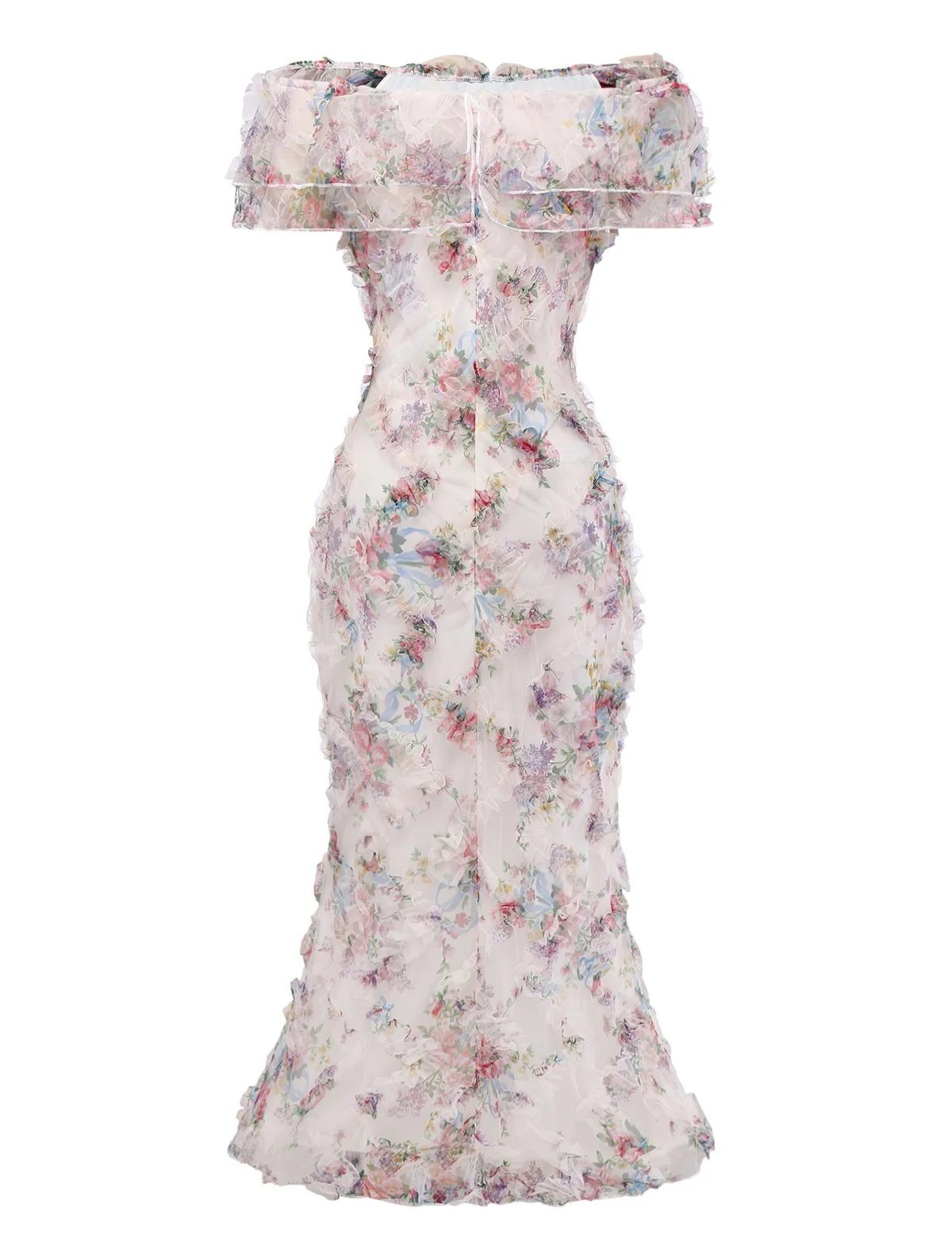 Multicolor 1930s Floral Mesh Off-Shoulder Maxi Dress - Image 2