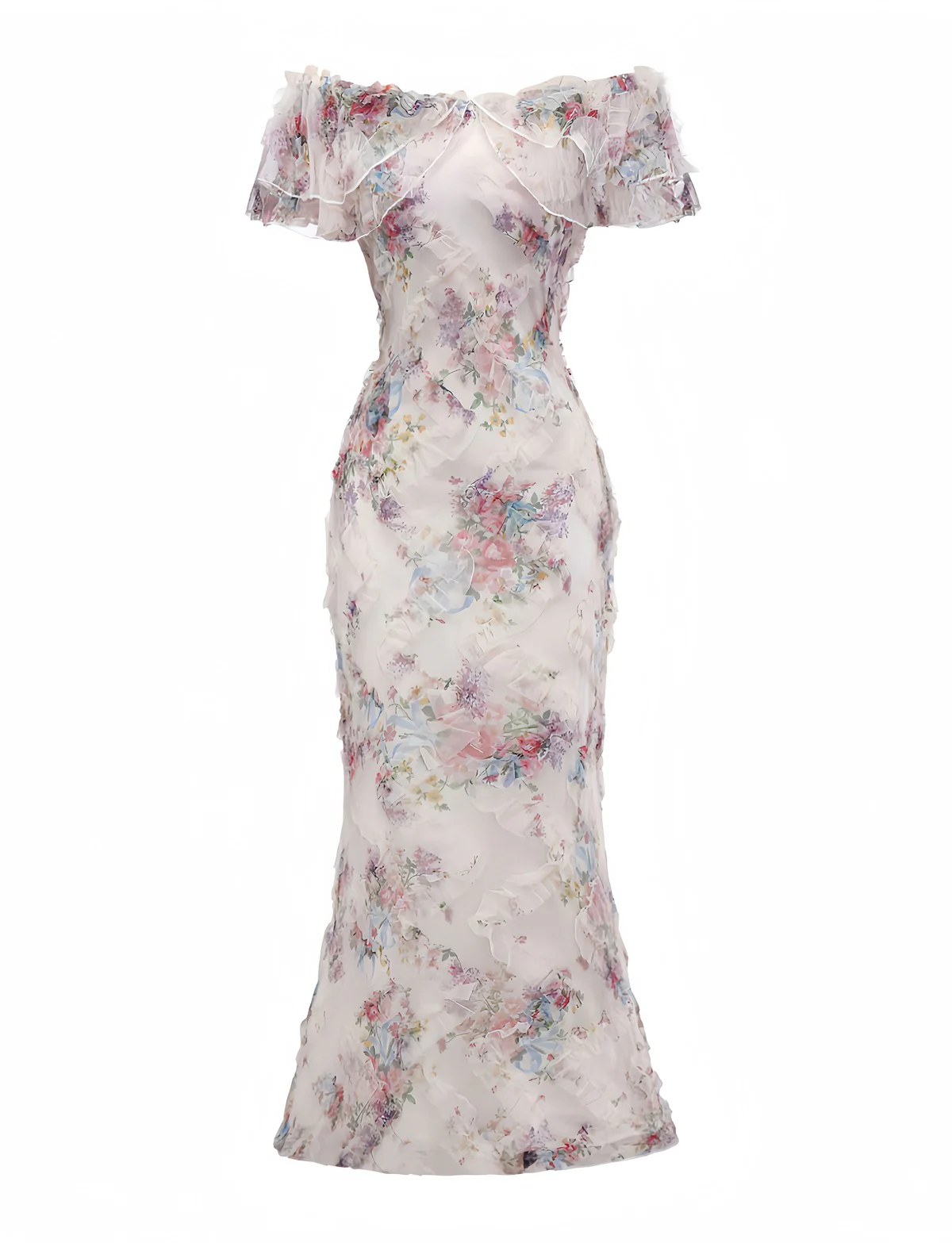 Multicolor 1930s Floral Mesh Off-Shoulder Maxi Dress - Image 3