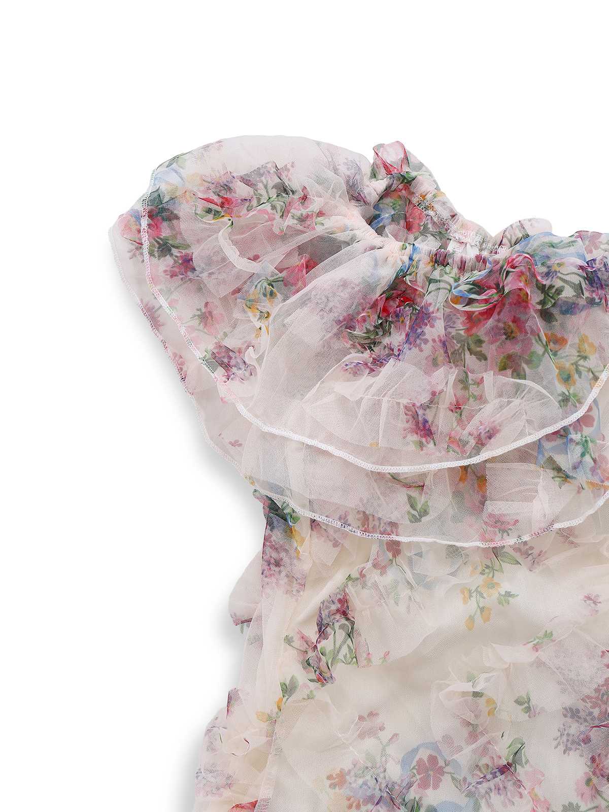 Multicolor 1930s Floral Mesh Off-Shoulder Maxi Dress - Image 4